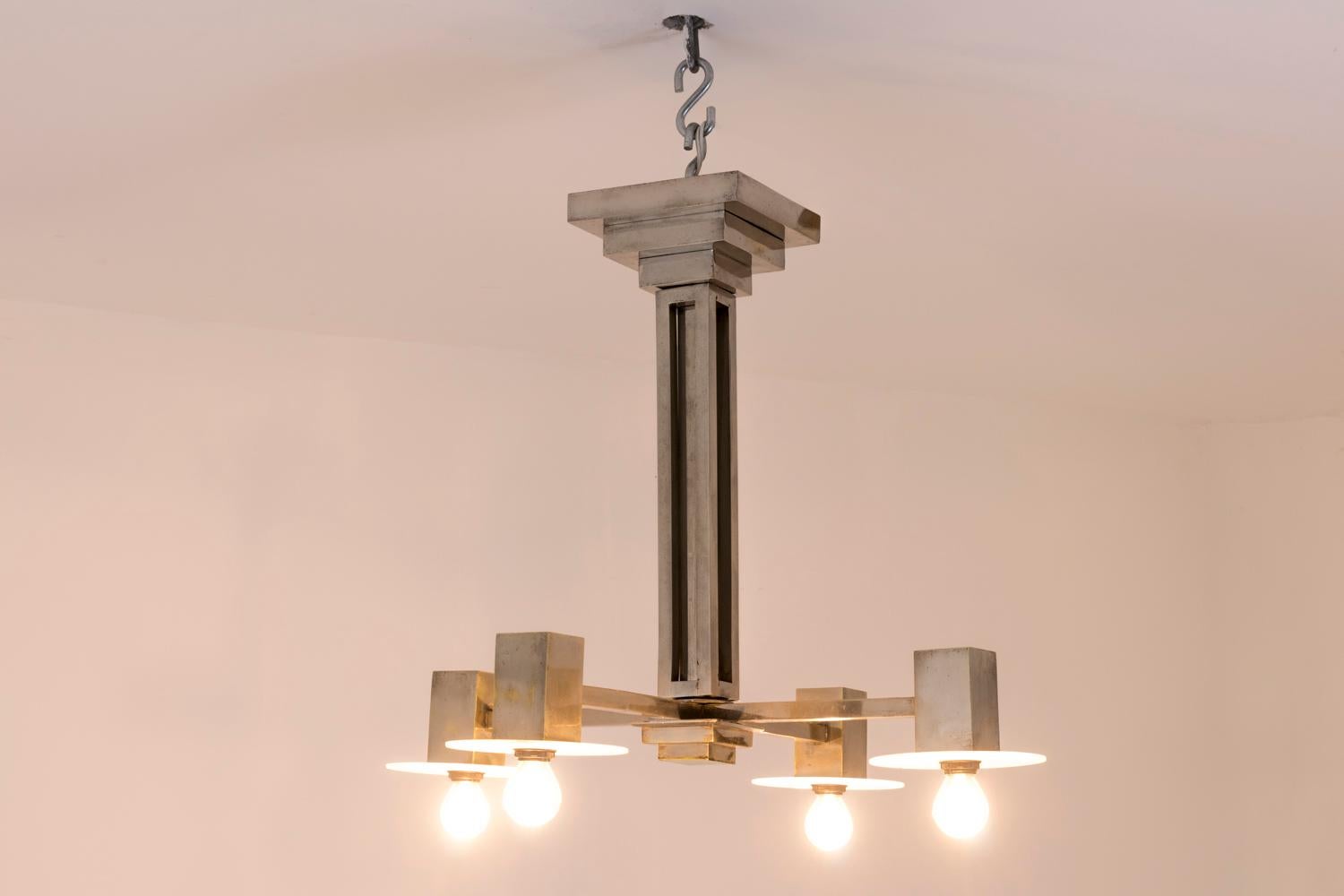 Other Chandelier in Chromed Metal and Frosted Glass, 1940s