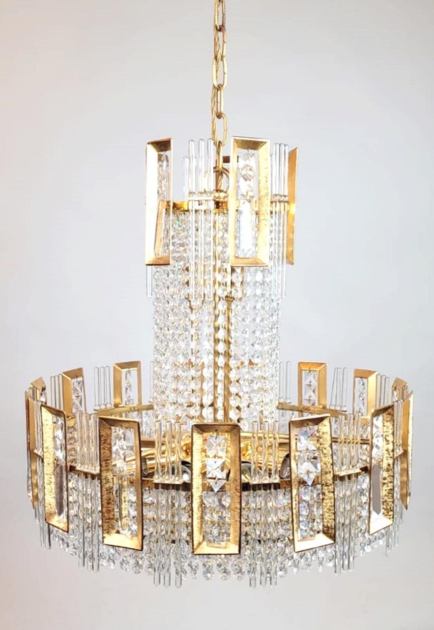 20th Century Chandelier In Gilded Brass And Glass Garlands - 12 Lights For Sale