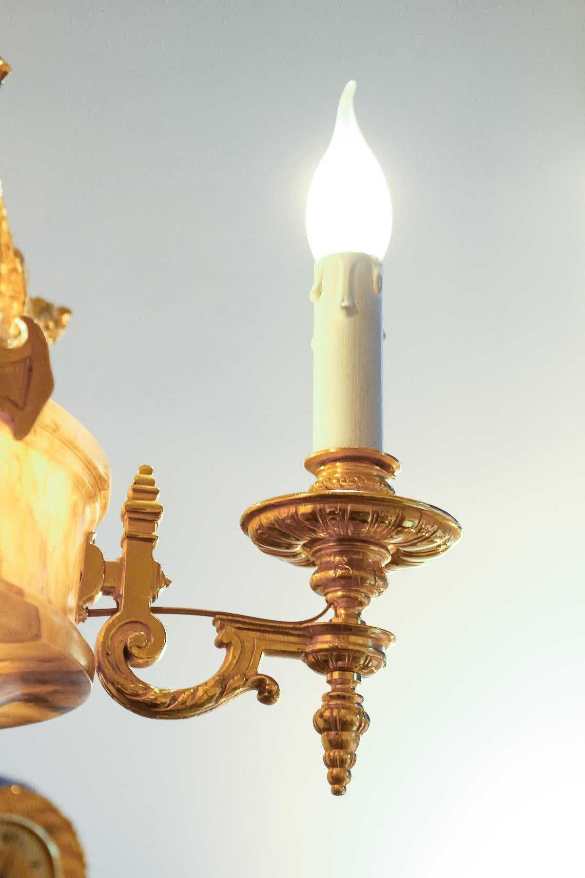 French Chandelier in Gilt Bronze and Alabaster, 19th Century. For Sale