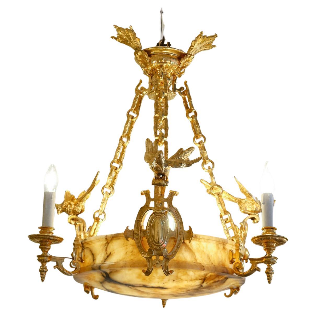 Chandelier in Gilt Bronze and Alabaster, 19th Century.