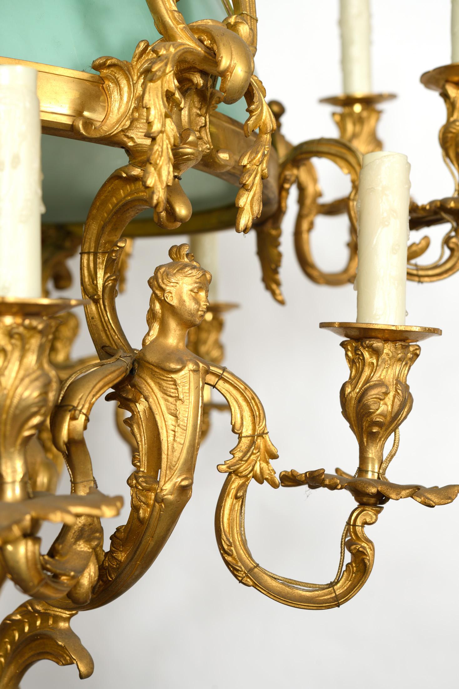 Chandelier  Gilt Bronze  Opaline with Figurine In Good Condition For Sale In Los Angeles, CA