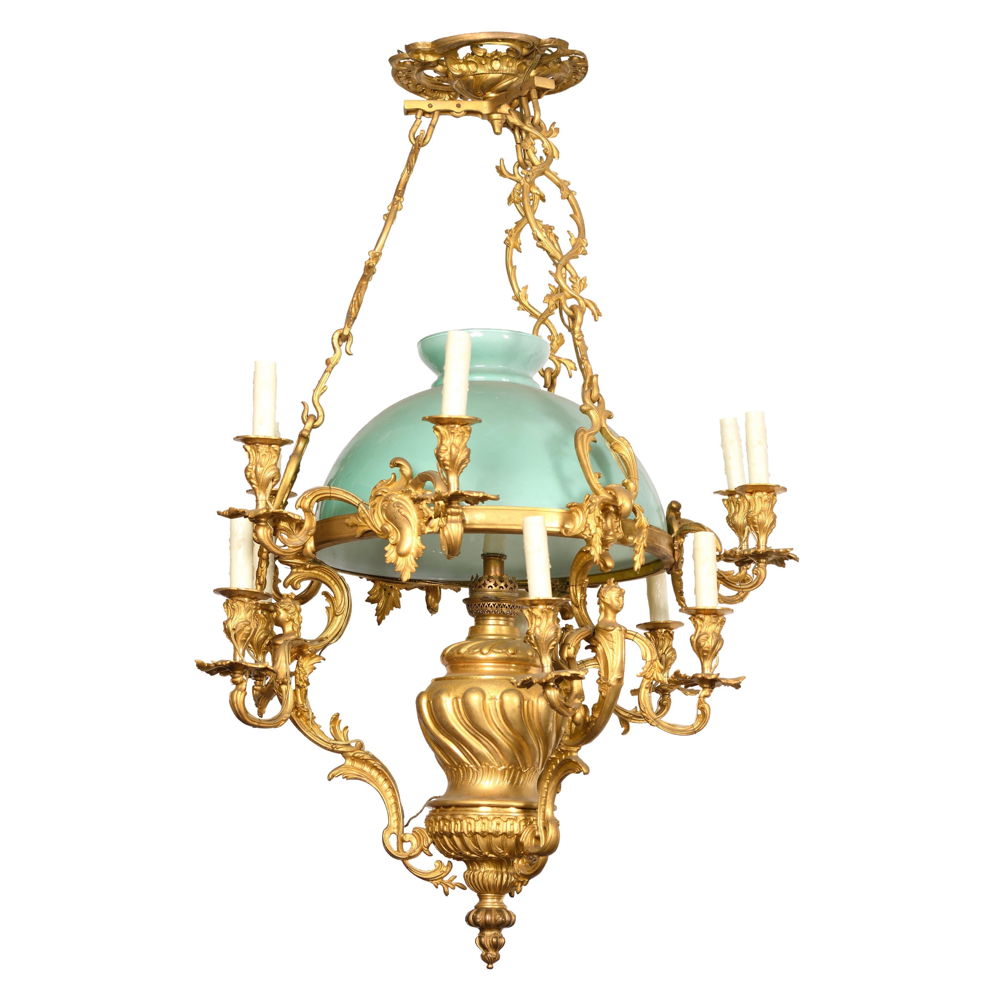 Chandelier  Gilt Bronze  Opaline with Figurine For Sale