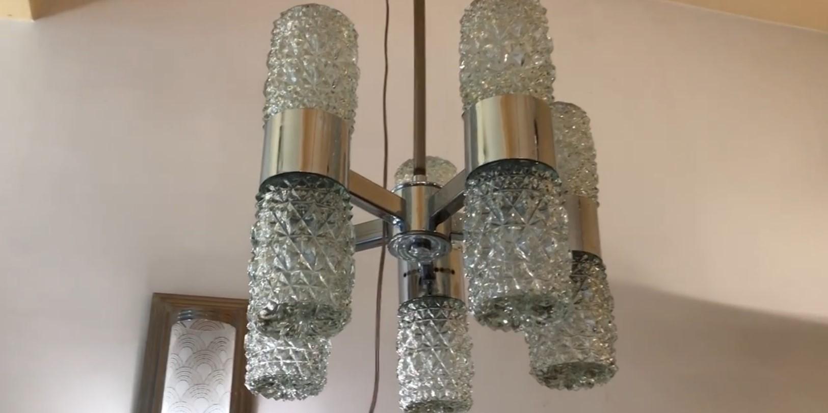 French Chandelier in Glass and Chrome, 50°, France For Sale