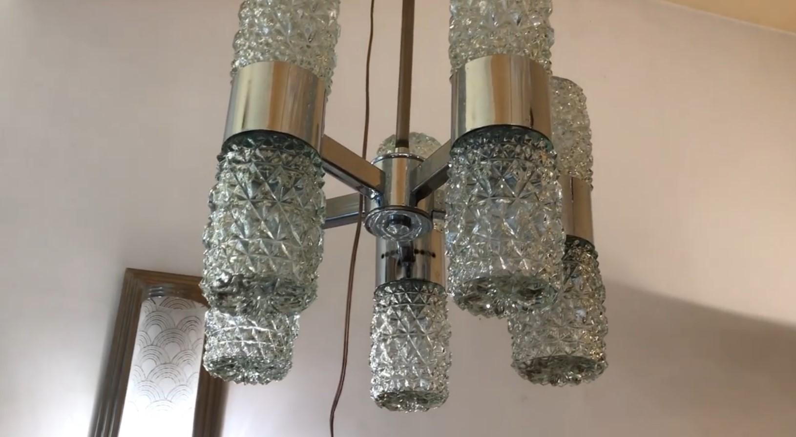 Mid-20th Century Chandelier in Glass and Chrome, 50°, France For Sale