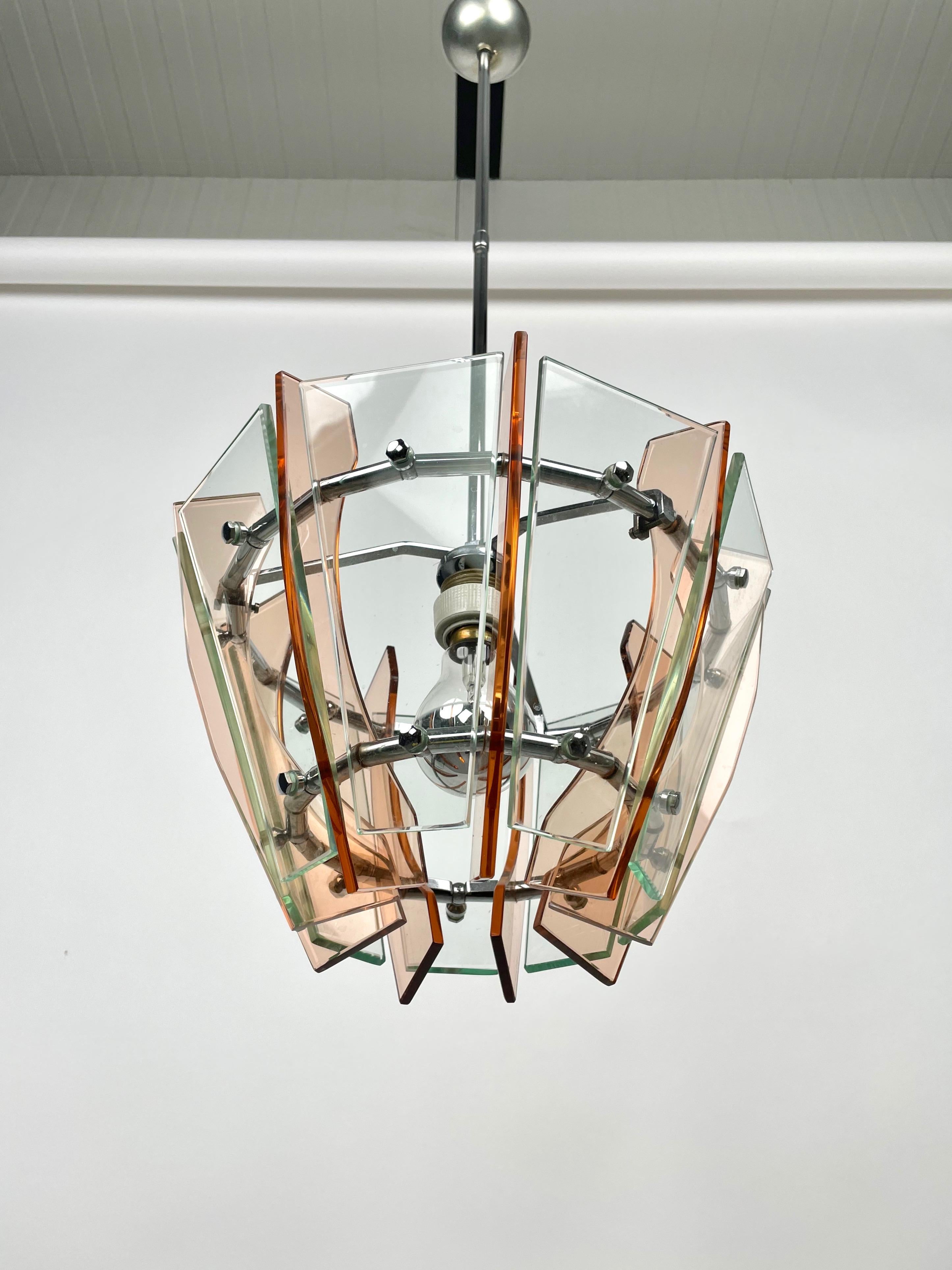 Chandelier in Glass and Chrome by Veca, Italy, 1970s For Sale 3