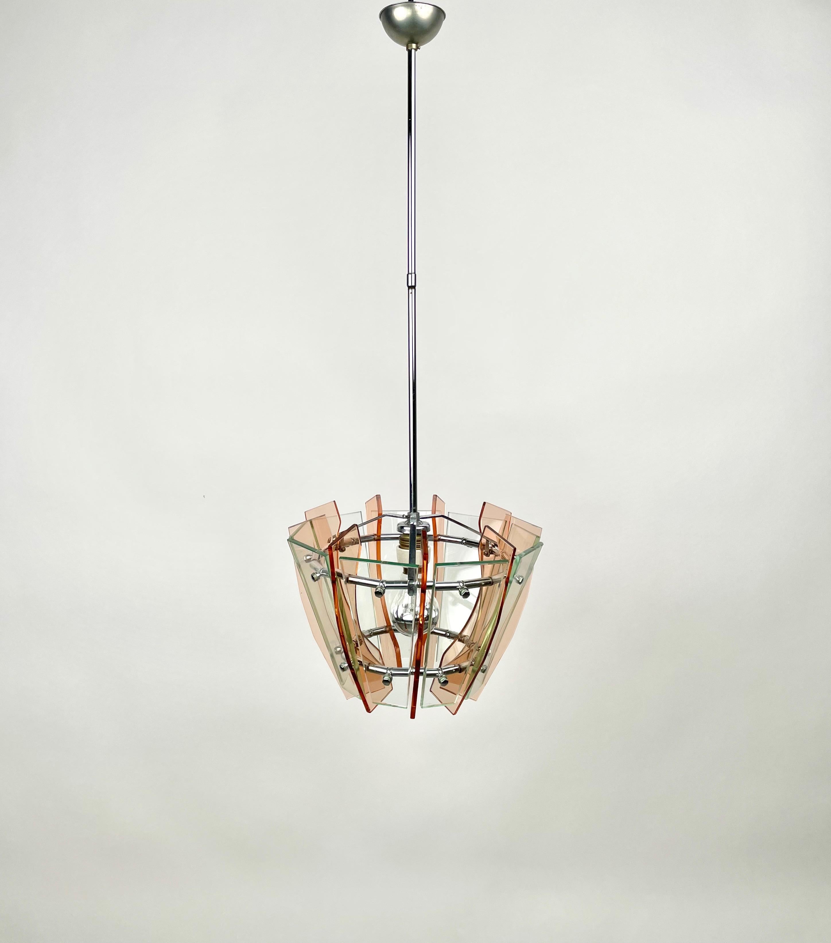 Mid-Century Modern Chandelier in Glass and Chrome by Veca, Italy, 1970s For Sale