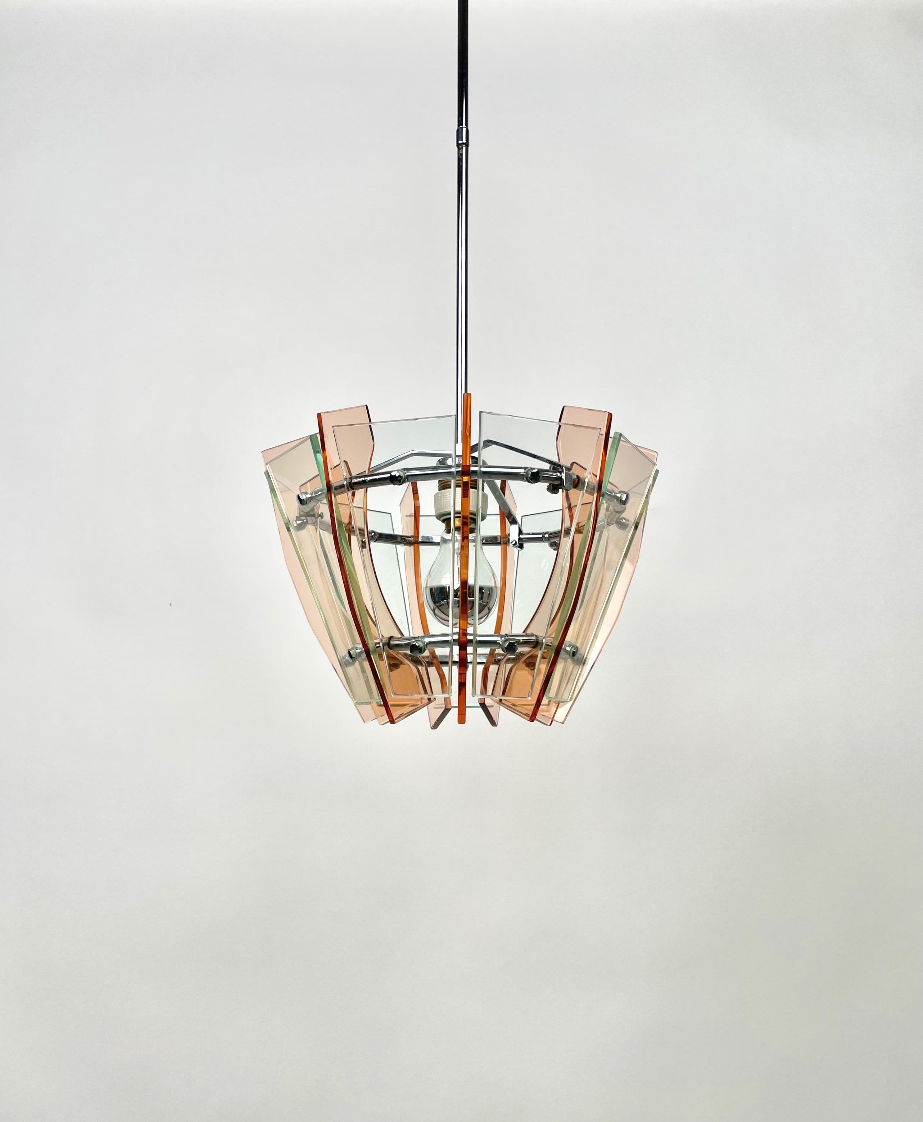 Italian Chandelier in Glass and Chrome by Veca, Italy, 1970s For Sale