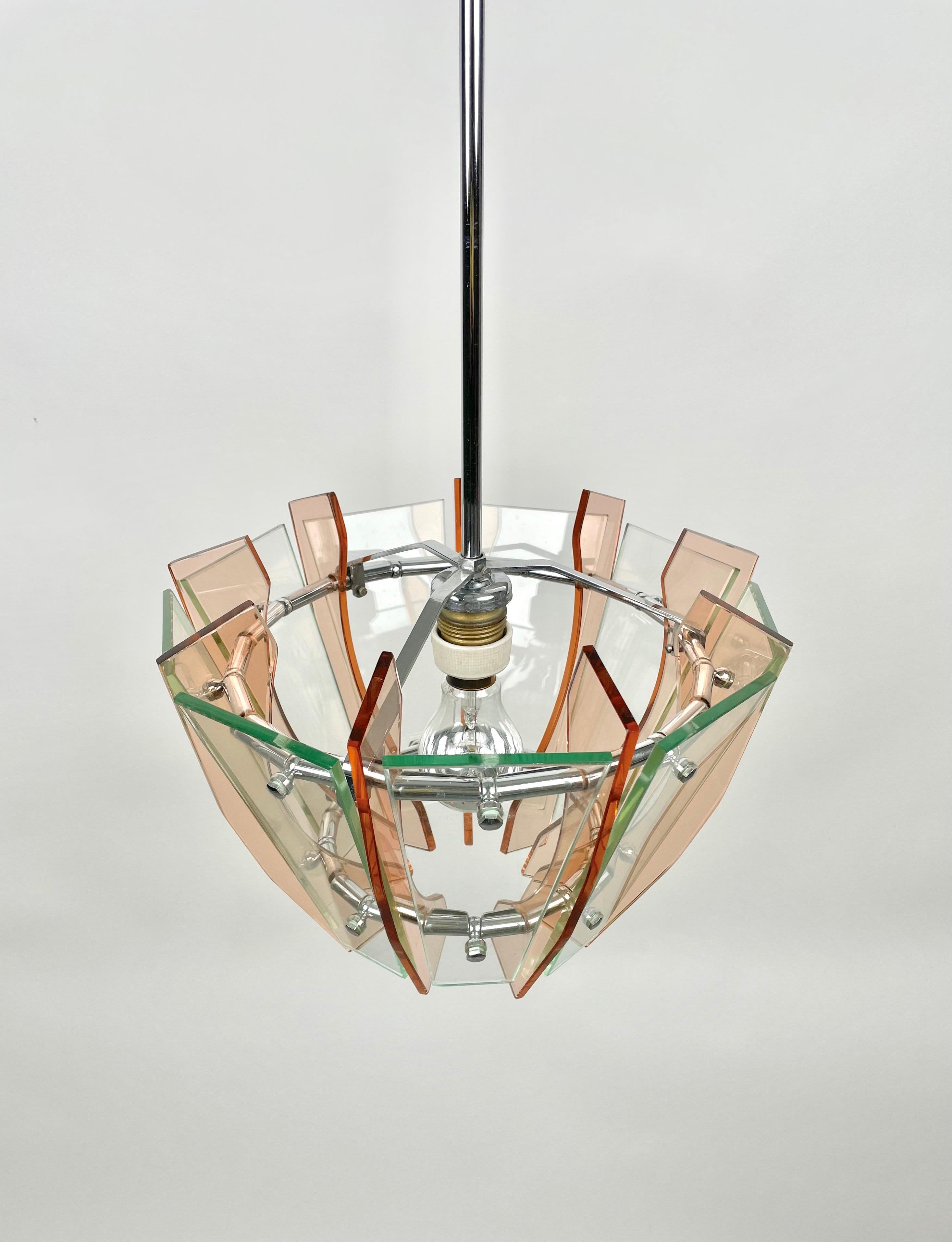 Chandelier in Glass and Chrome by Veca, Italy, 1970s In Good Condition For Sale In Rome, IT