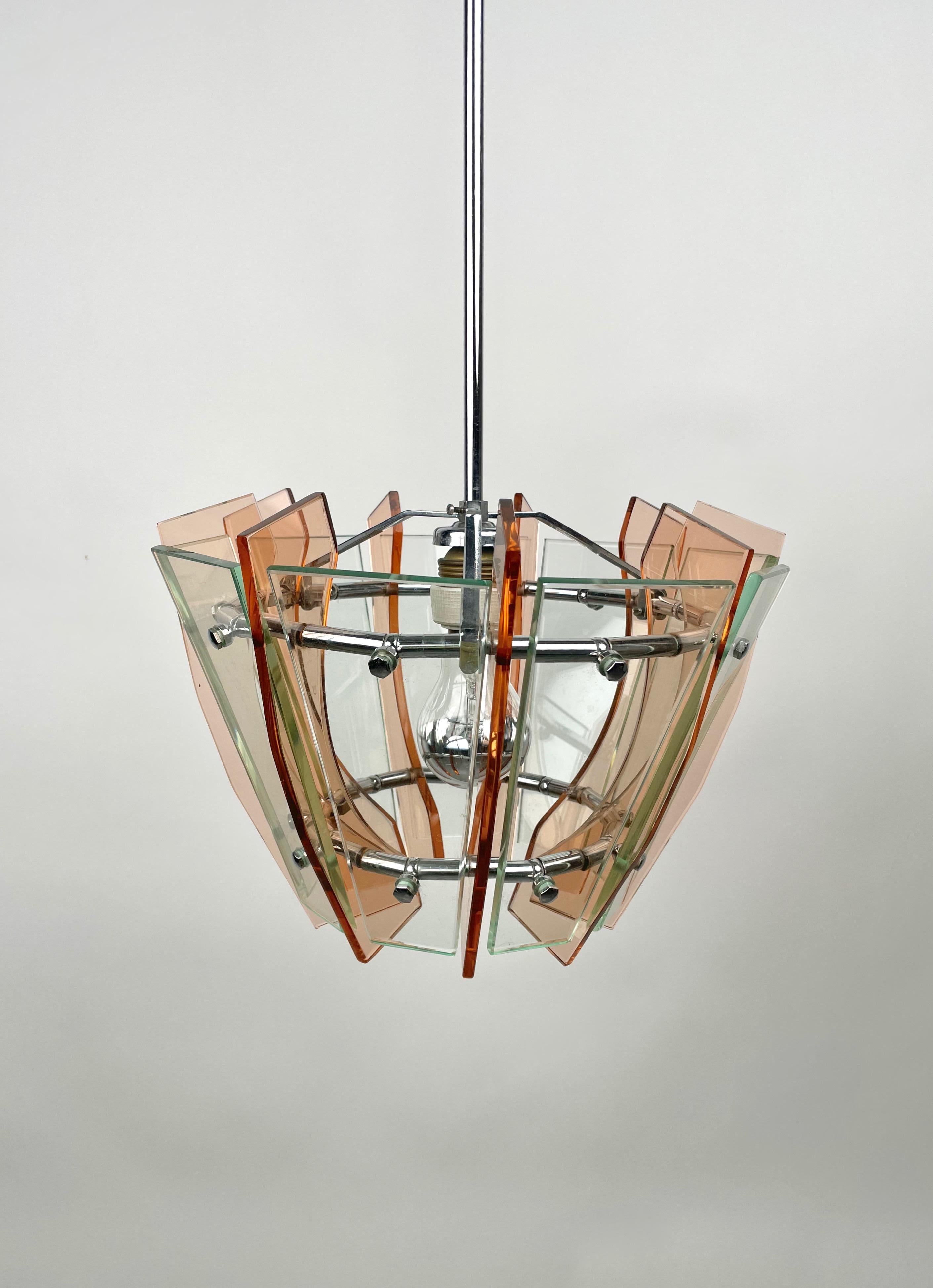 Late 20th Century Chandelier in Glass and Chrome by Veca, Italy, 1970s For Sale