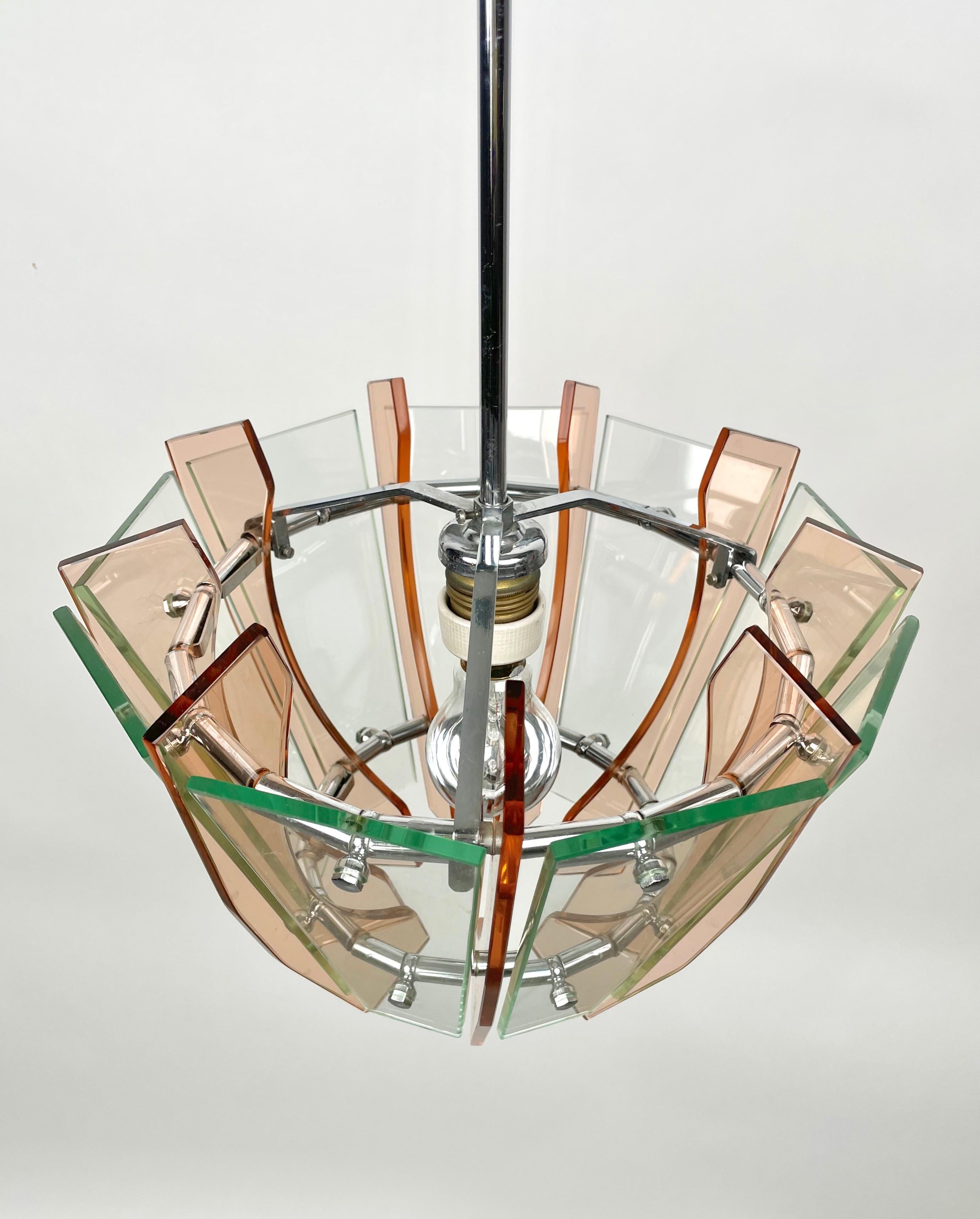 Metal Chandelier in Glass and Chrome by Veca, Italy, 1970s For Sale