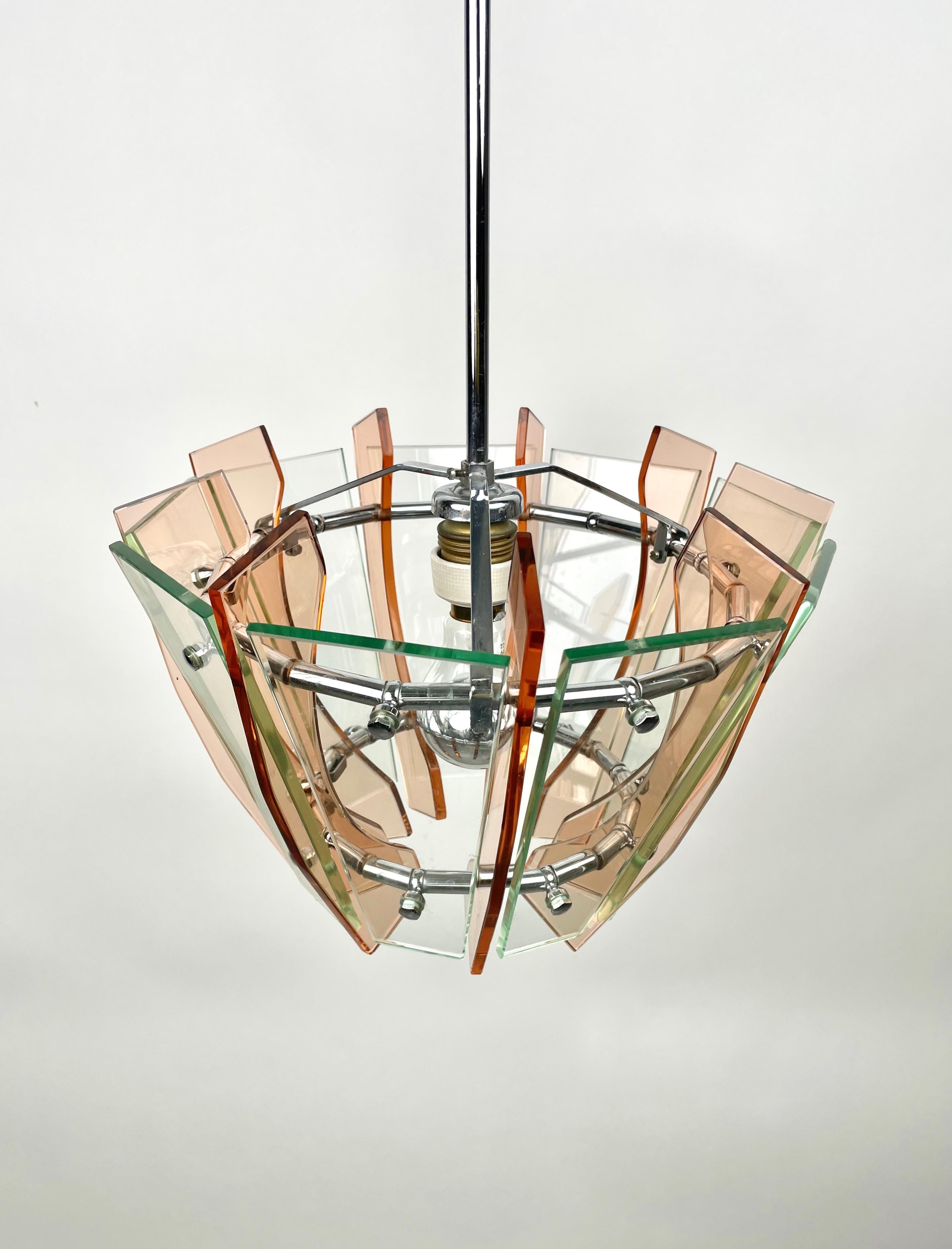 Chandelier in Glass and Chrome by Veca, Italy, 1970s For Sale 1