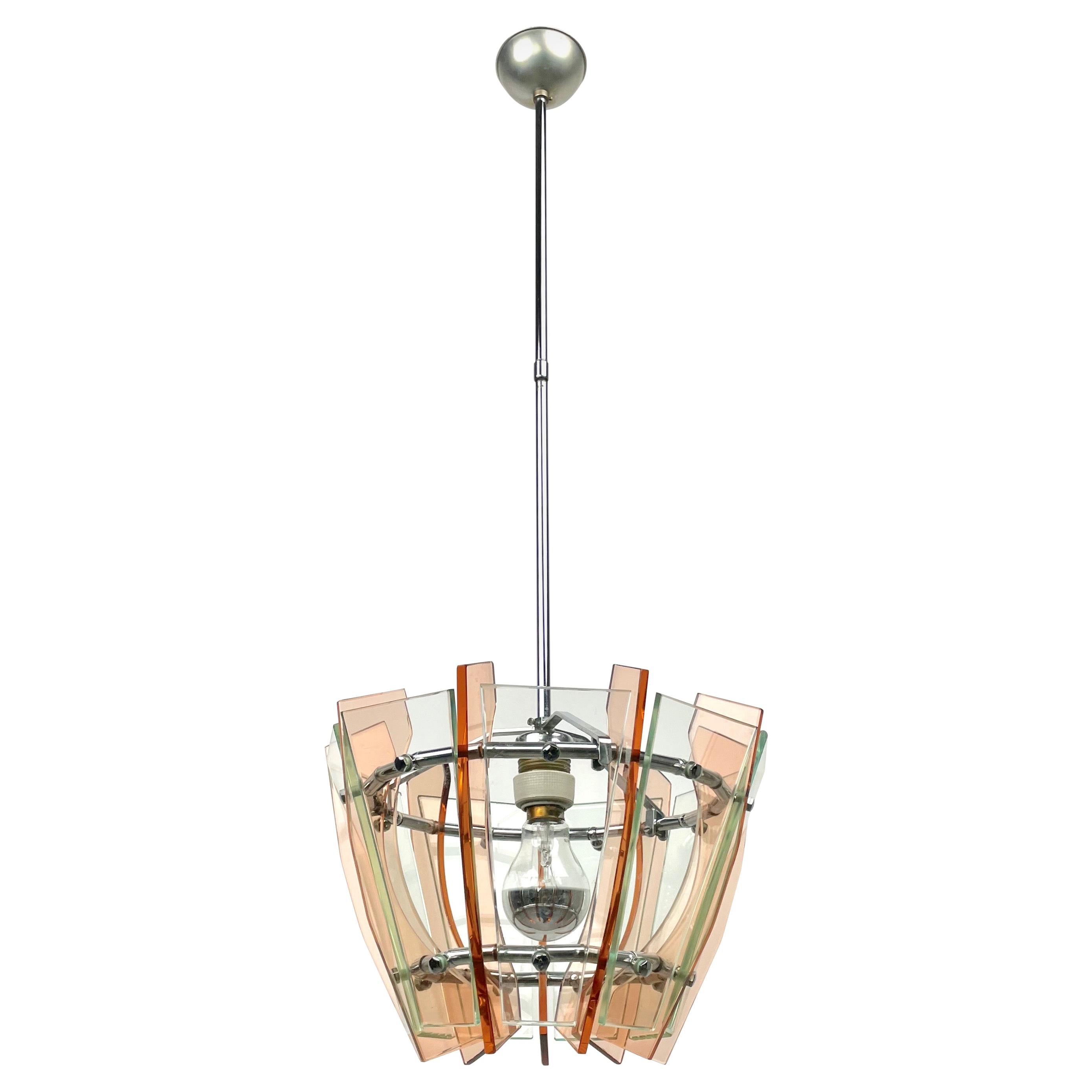Chandelier in Glass and Chrome by Veca, Italy, 1970s For Sale