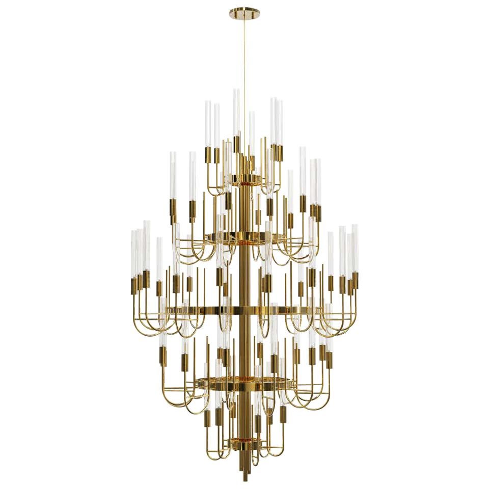 Chandelier in Gold-Plated Brass with Clear Crystal Glass For Sale