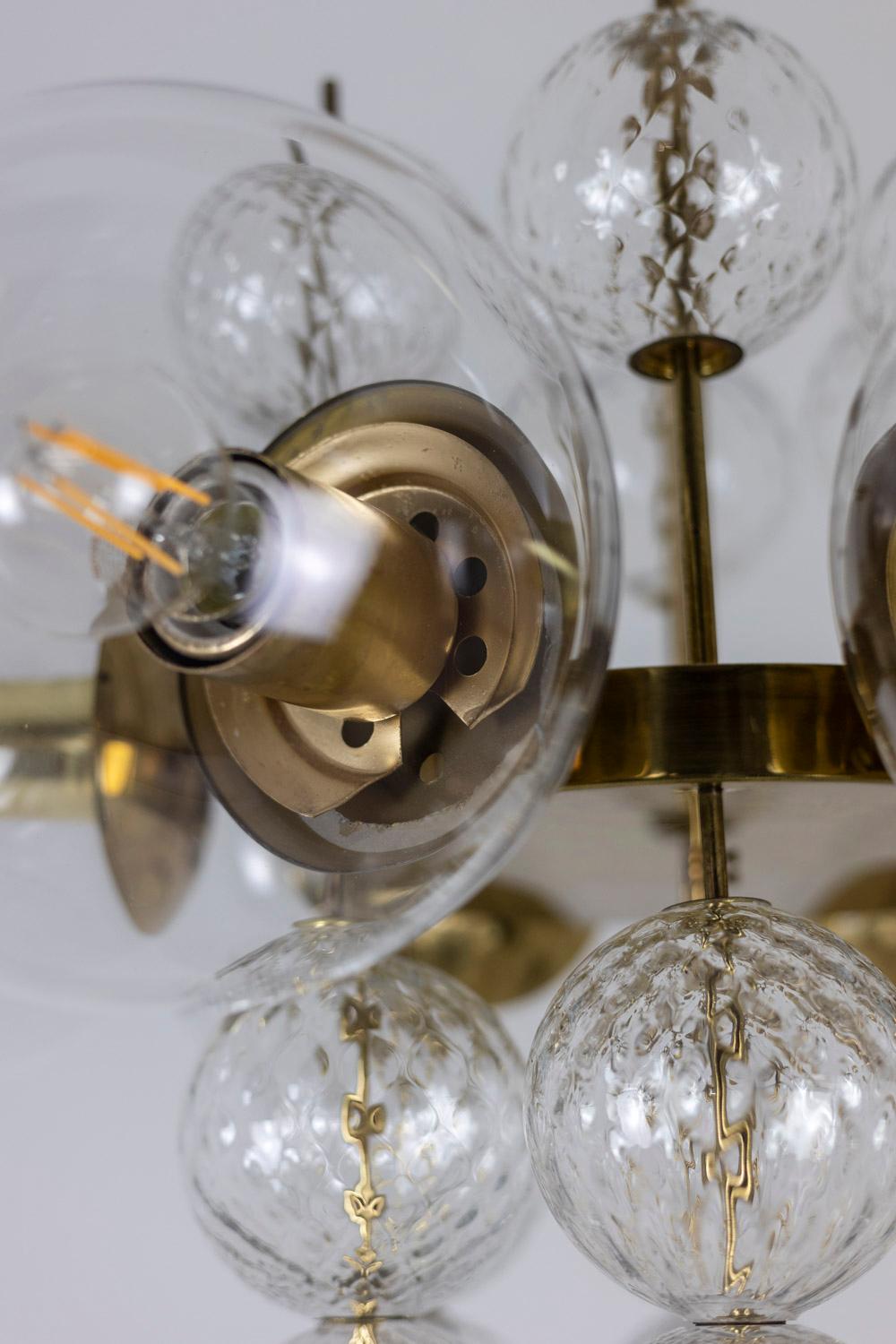 Chandelier in Golden Brass and Blown Glass, 1970s For Sale 5