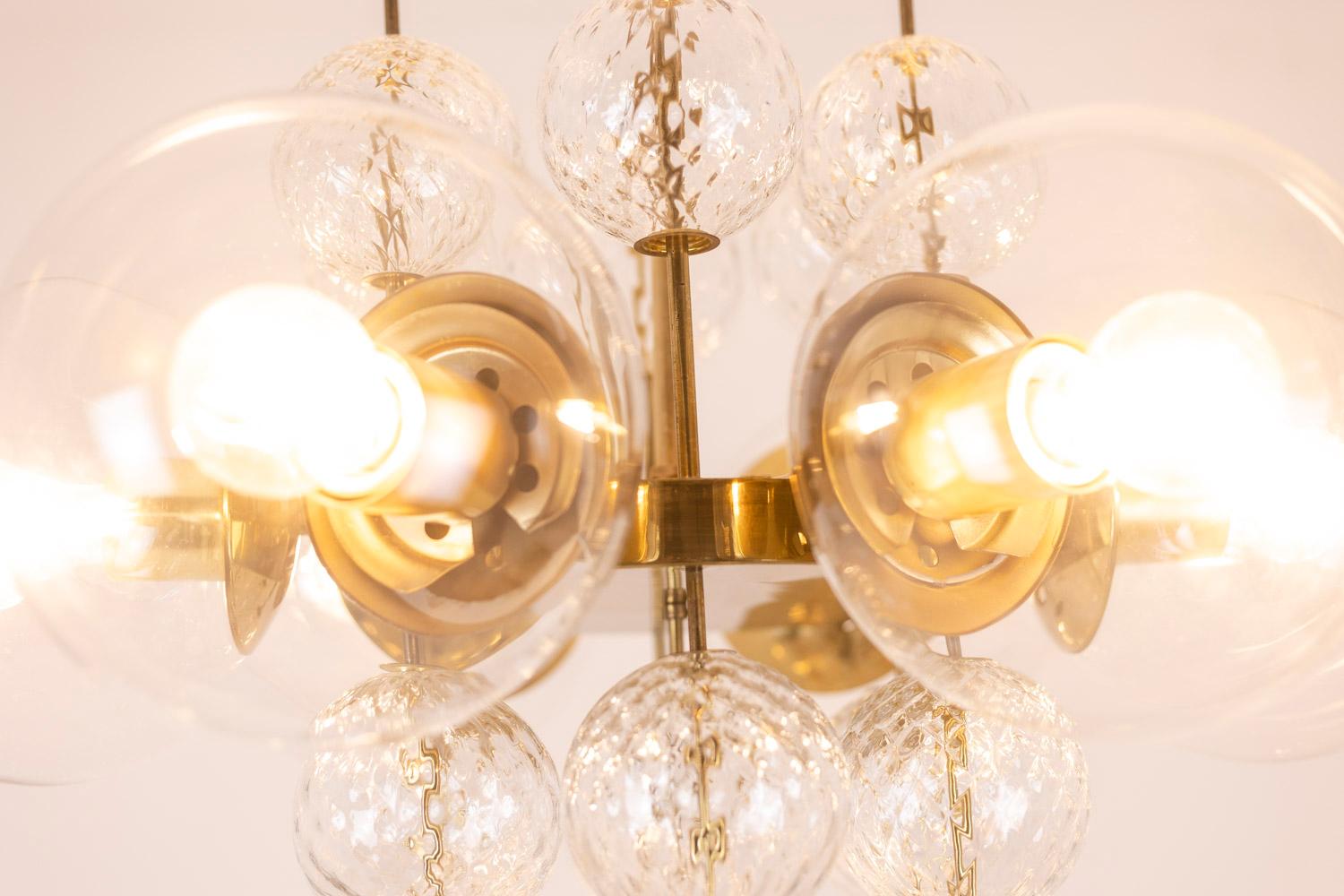 Italian Chandelier in Golden Brass and Blown Glass, 1970s For Sale