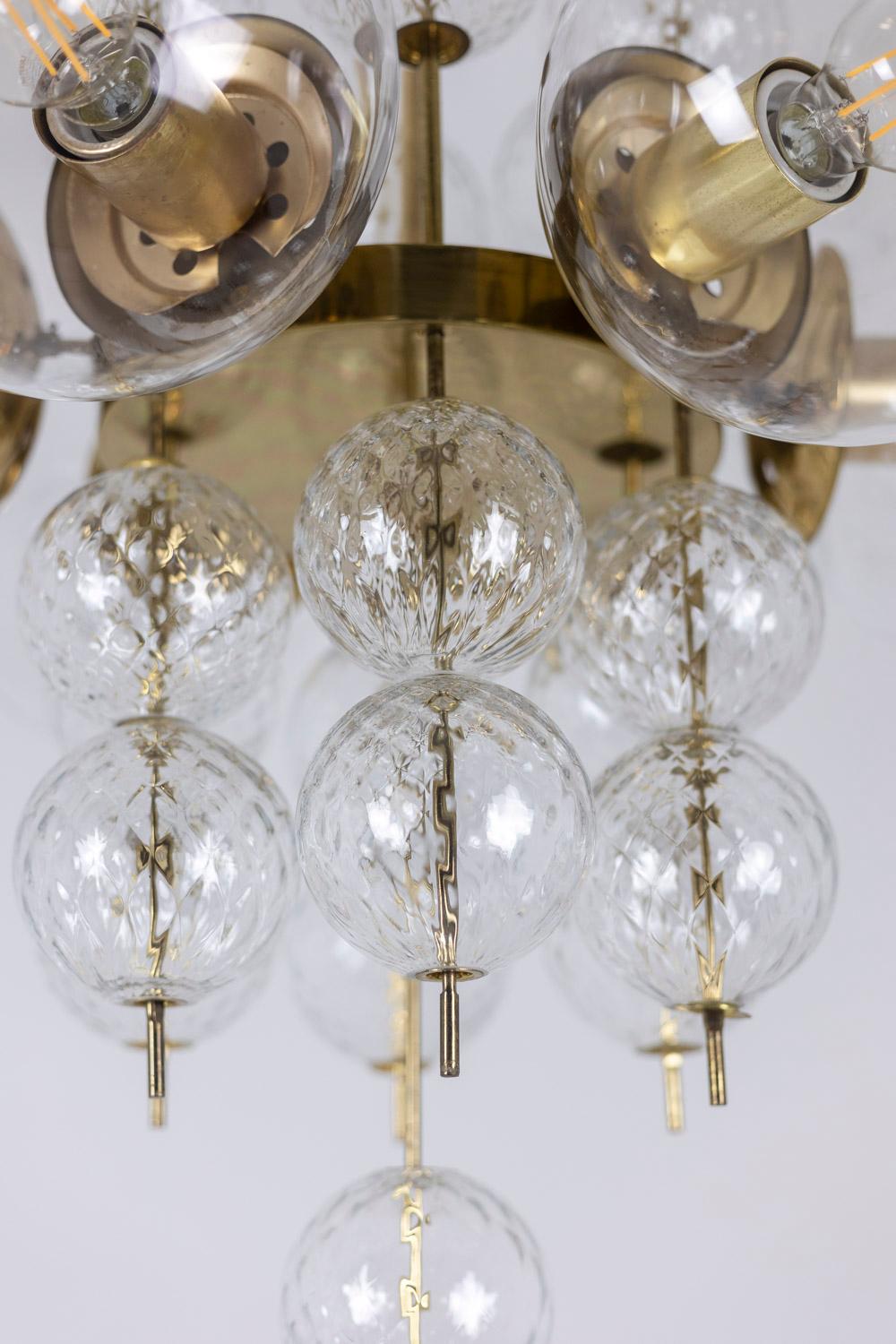 Chandelier in Golden Brass and Blown Glass, 1970s For Sale 2