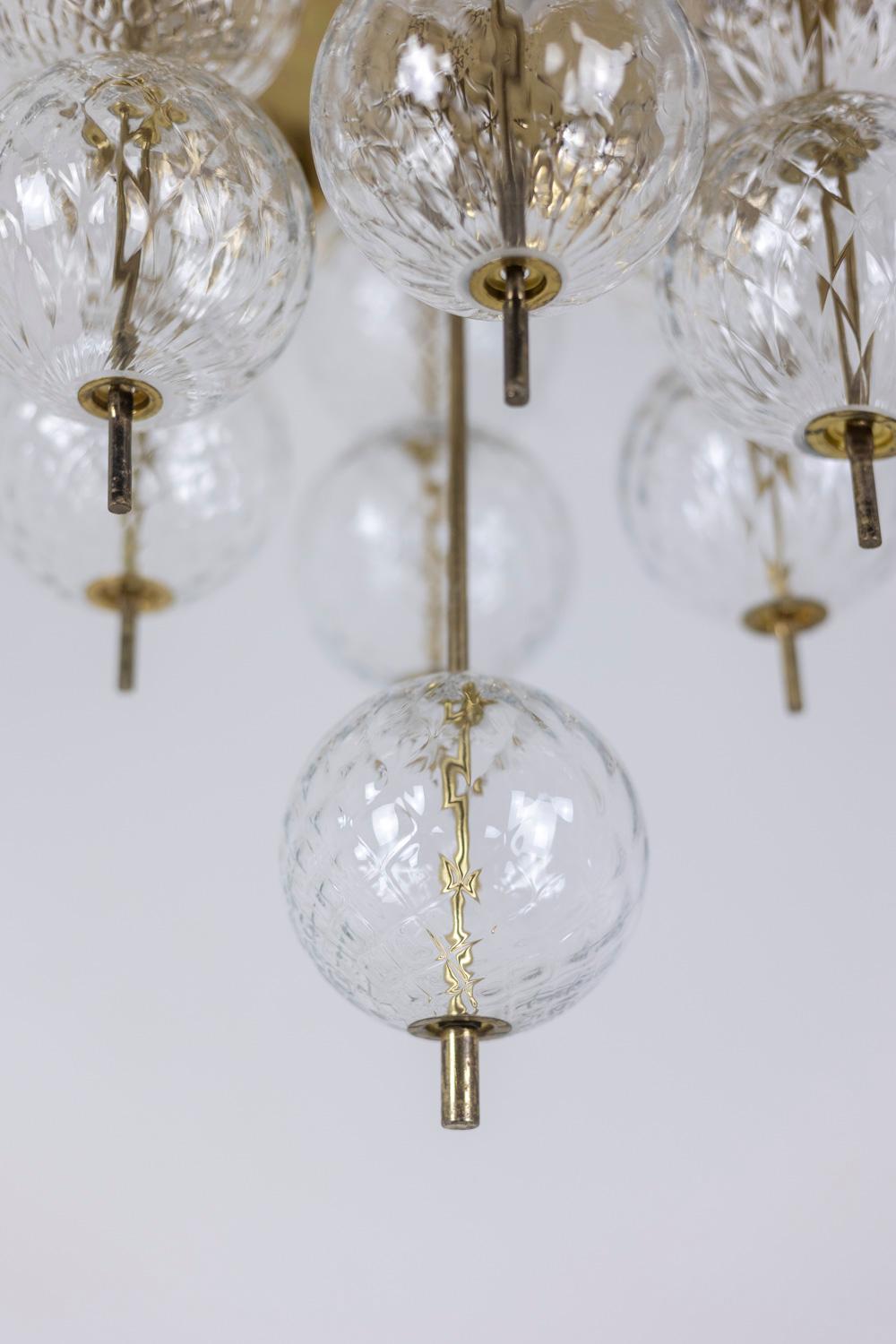 Chandelier in Golden Brass and Blown Glass, 1970s For Sale 3