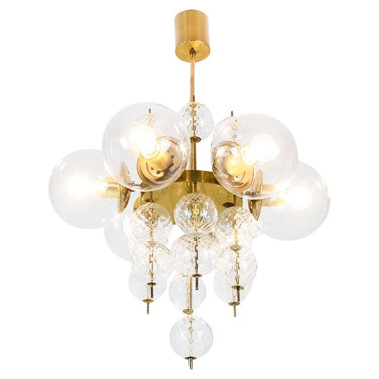 Chandelier in Golden Brass and Blown Glass, 1970s For Sale
