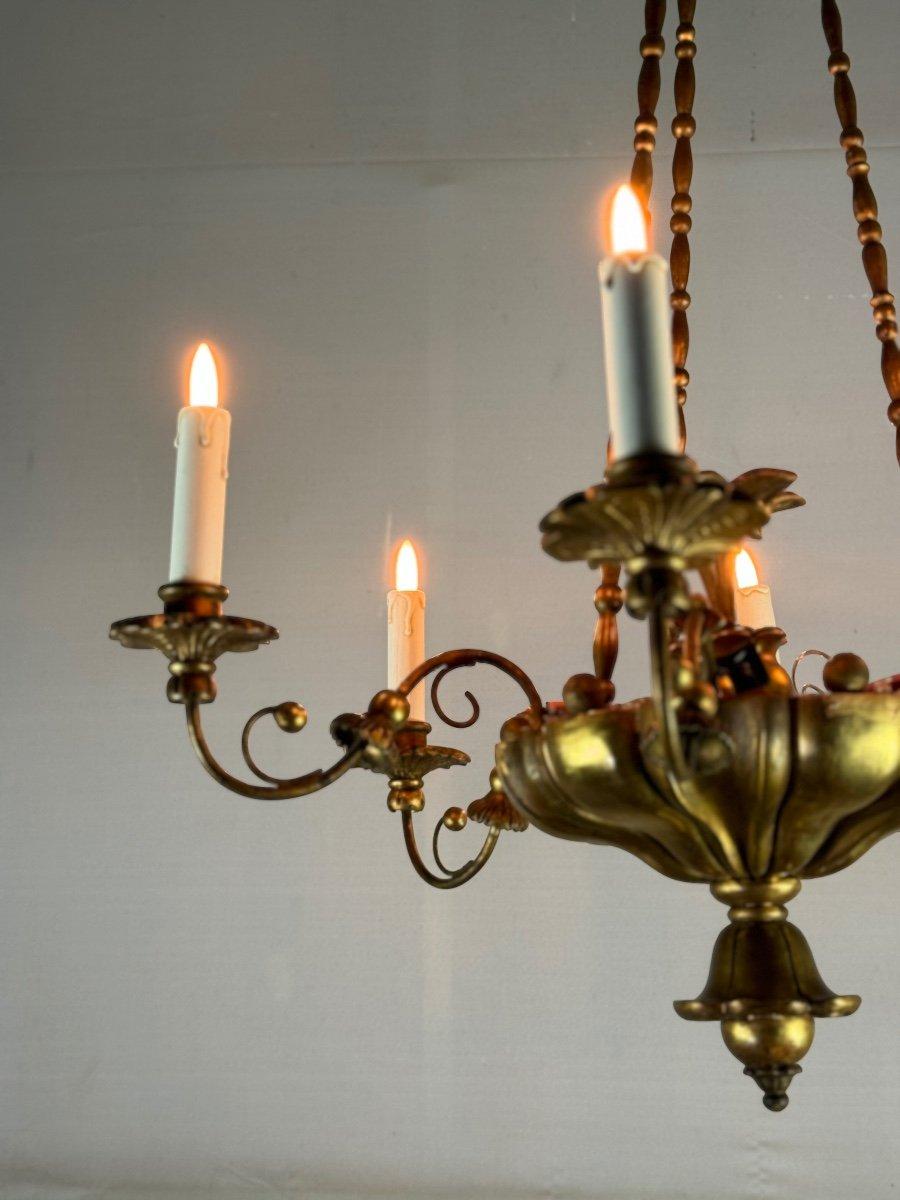 Louis XV Chandelier In Golden Wood And Brass, Central Europe Circa 1900 For Sale