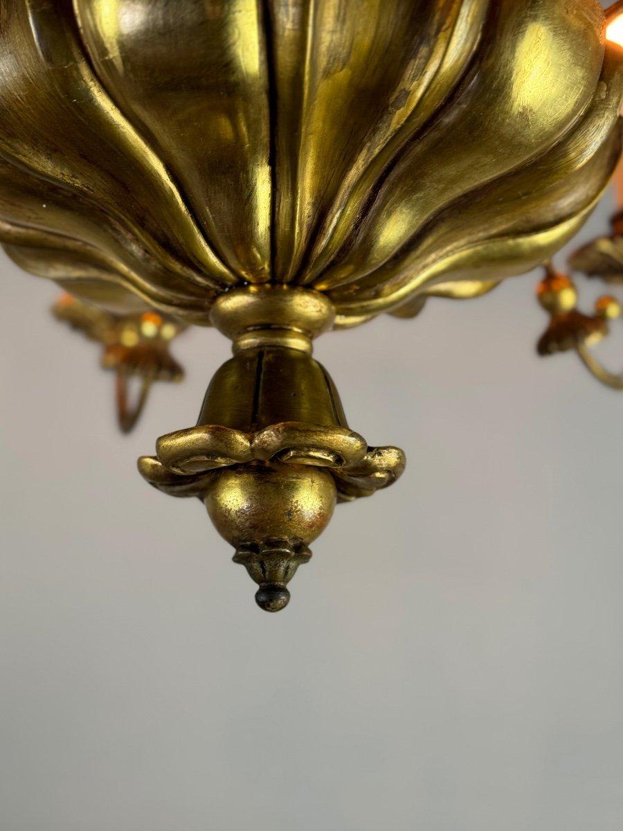 French Chandelier In Golden Wood And Brass, Central Europe Circa 1900 For Sale