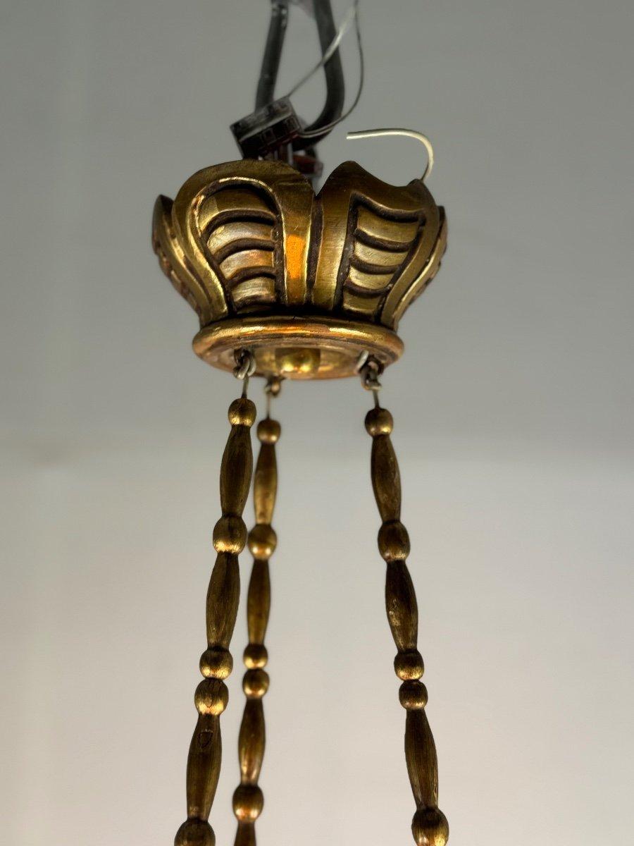 Chandelier In Golden Wood And Brass, Central Europe Circa 1900 For Sale 3