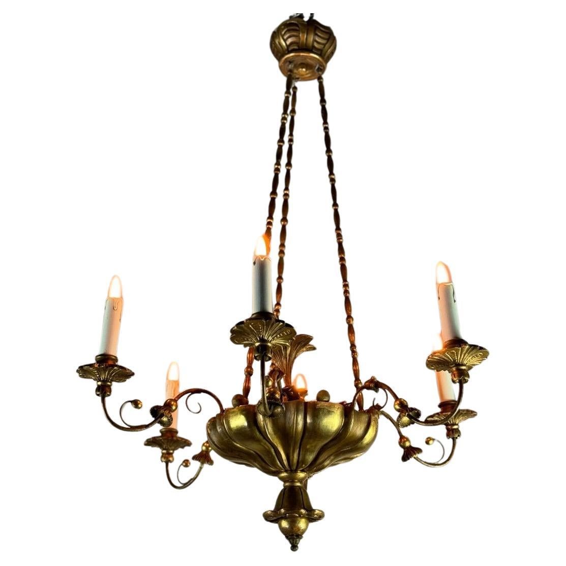 Chandelier In Golden Wood And Brass, Central Europe Circa 1900 For Sale