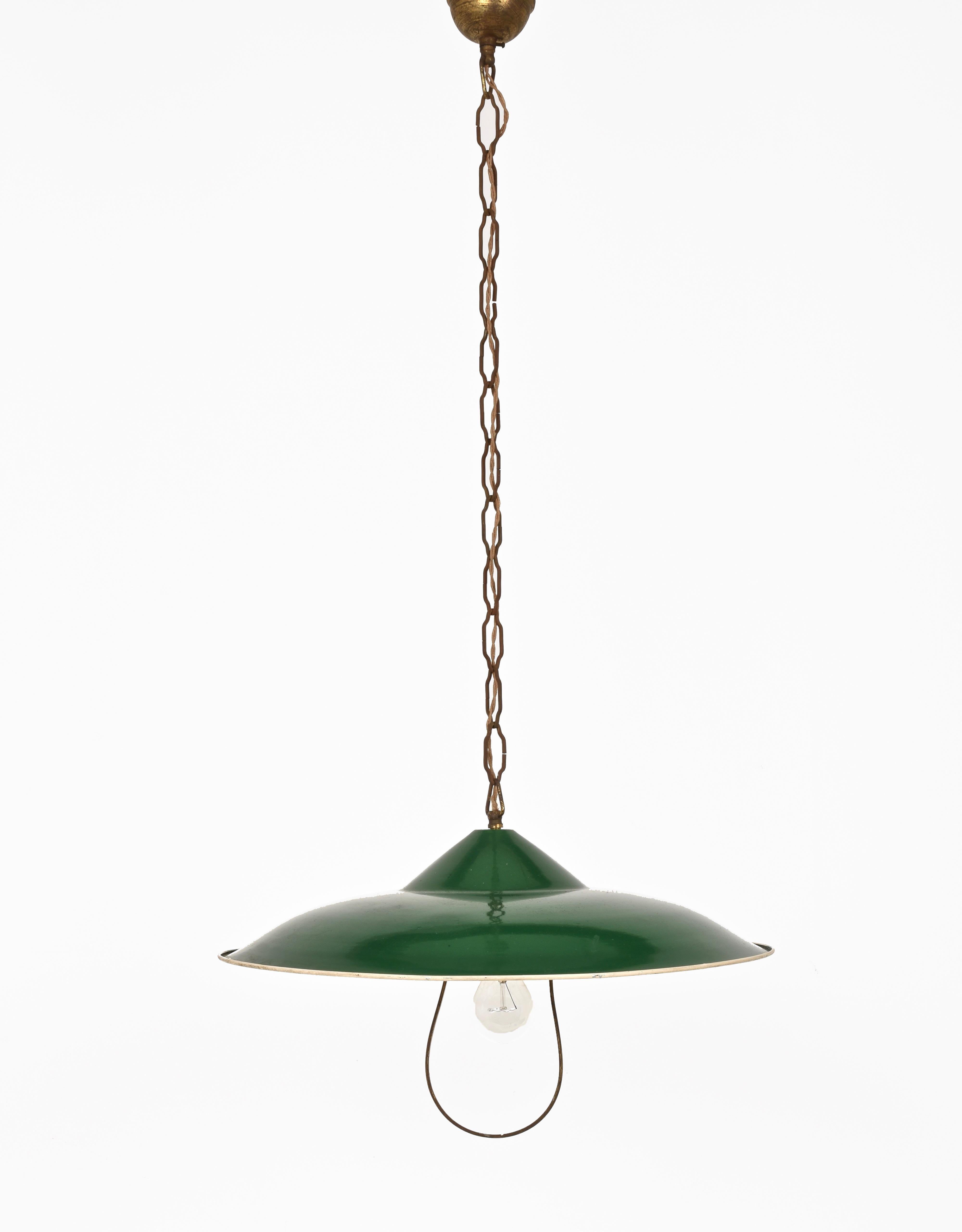 Chandelier in green glazed metal. Pendant Italy, Industrial style of the 1950s.