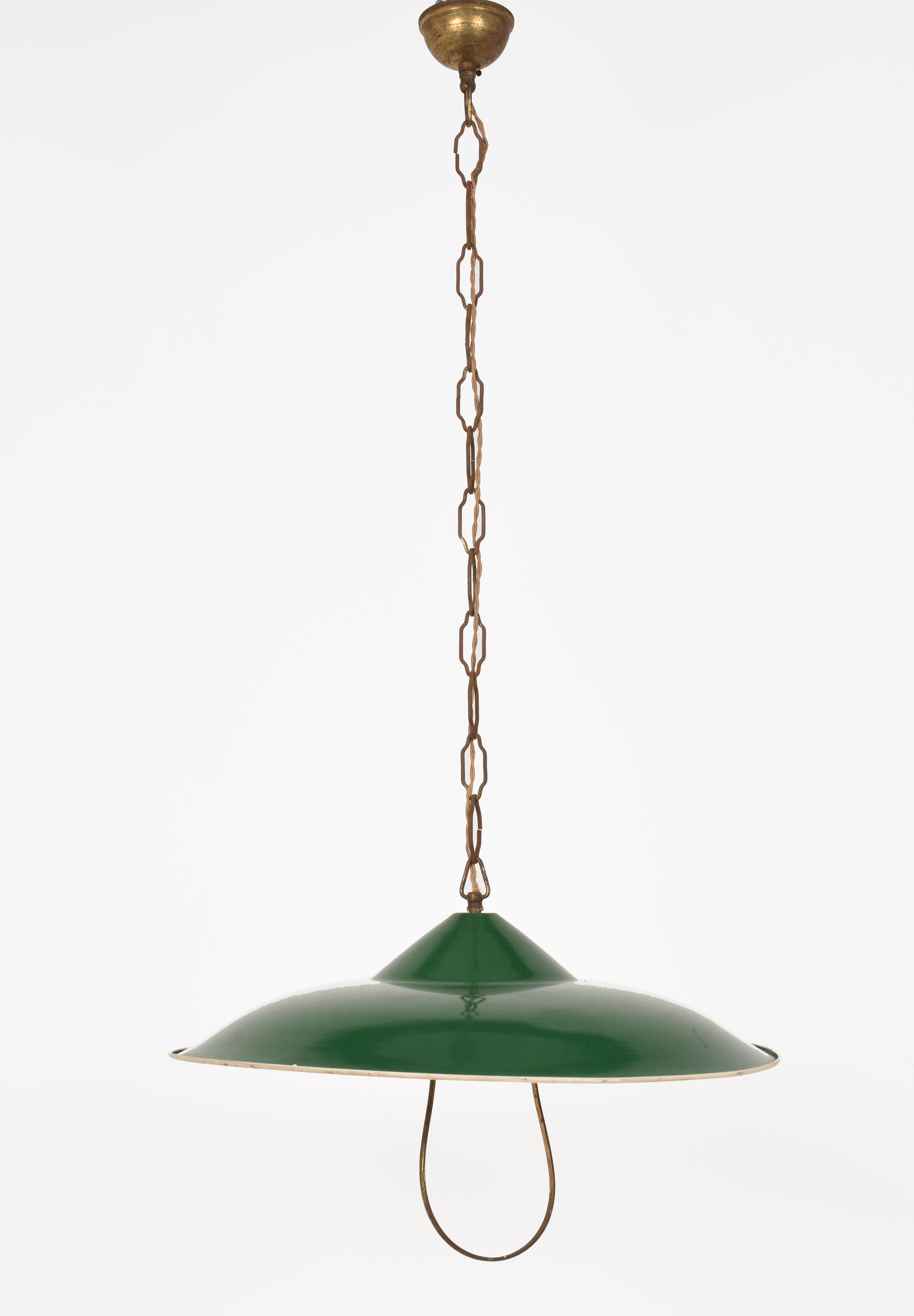 Mid-Century Modern Chandelier in Green Glazed Metal Pendant Italy, Industrial Style of the 1950s For Sale
