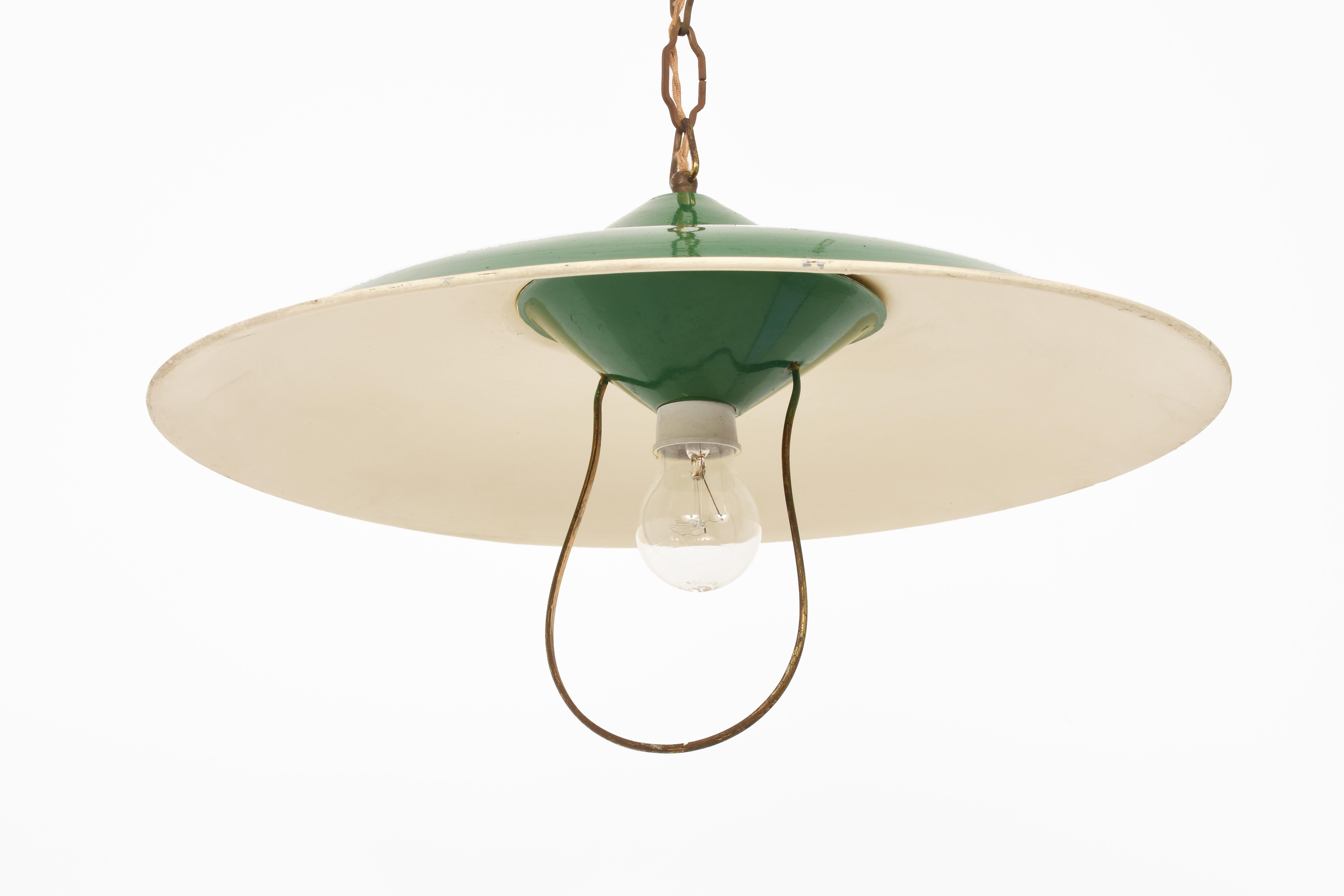 Italian Chandelier in Green Glazed Metal Pendant Italy, Industrial Style of the 1950s For Sale