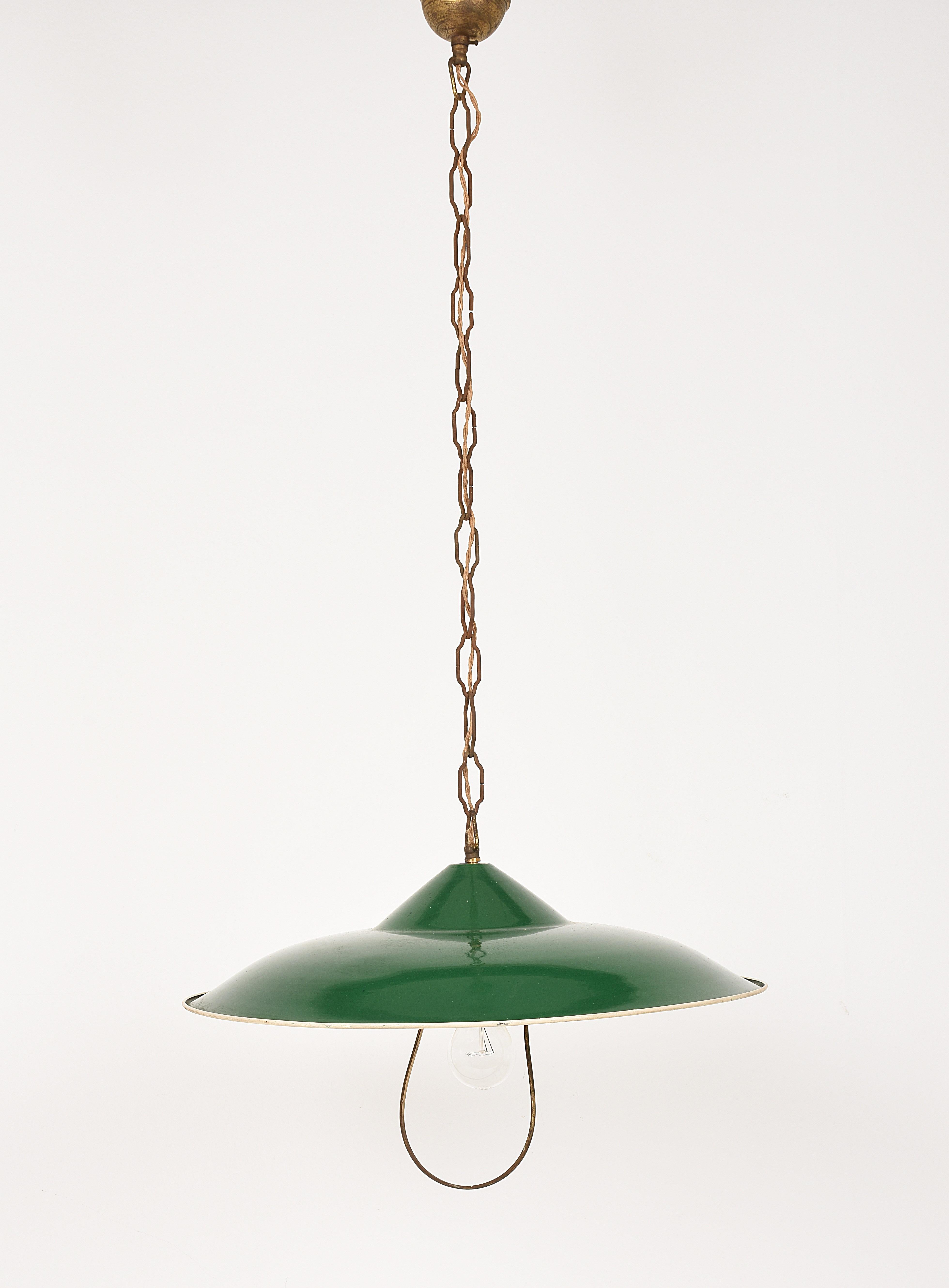 Chandelier in Green Glazed Metal Pendant Italy, Industrial Style of the 1950s In Fair Condition For Sale In Roma, IT