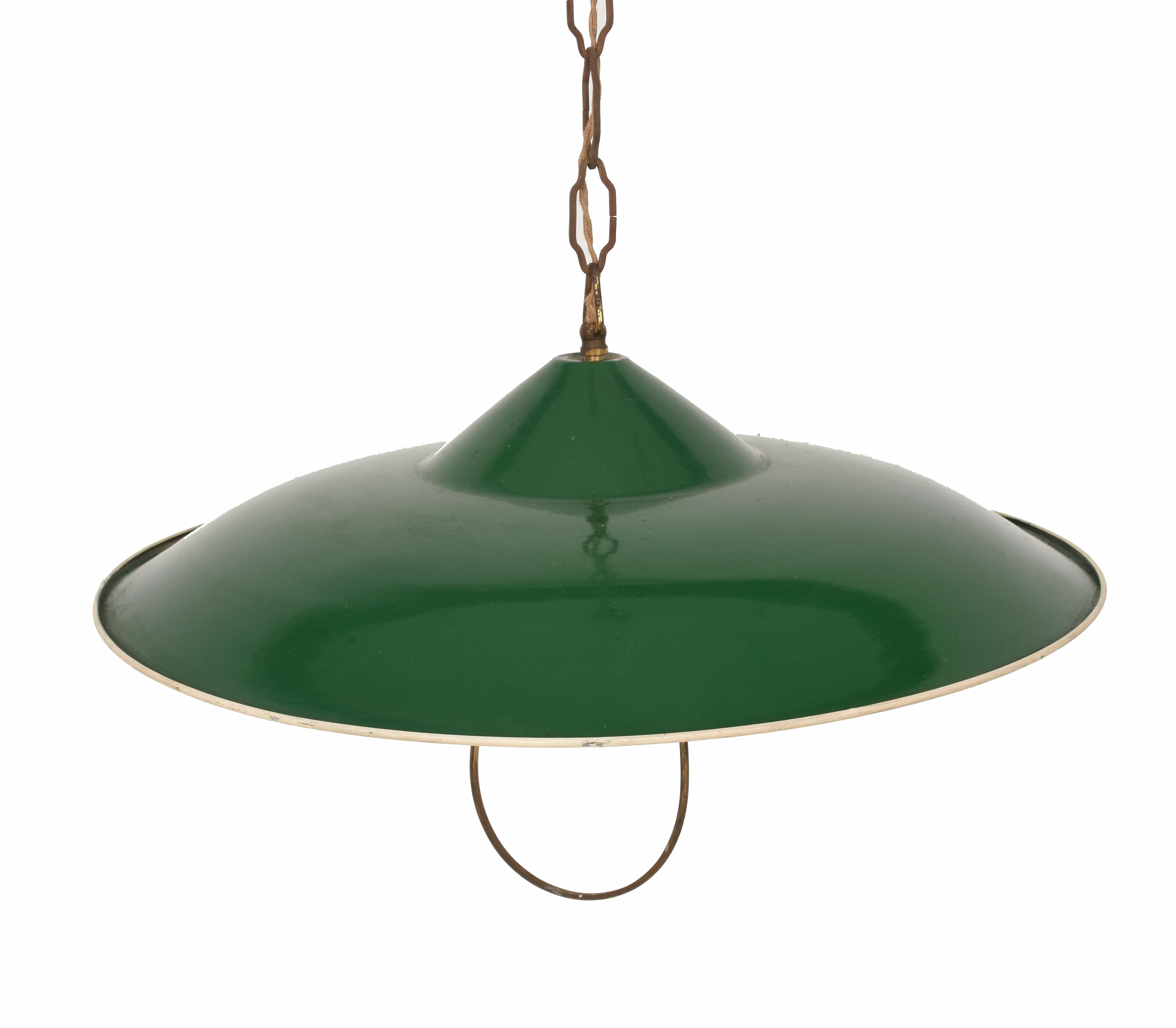 20th Century Chandelier in Green Glazed Metal Pendant Italy, Industrial Style of the 1950s For Sale