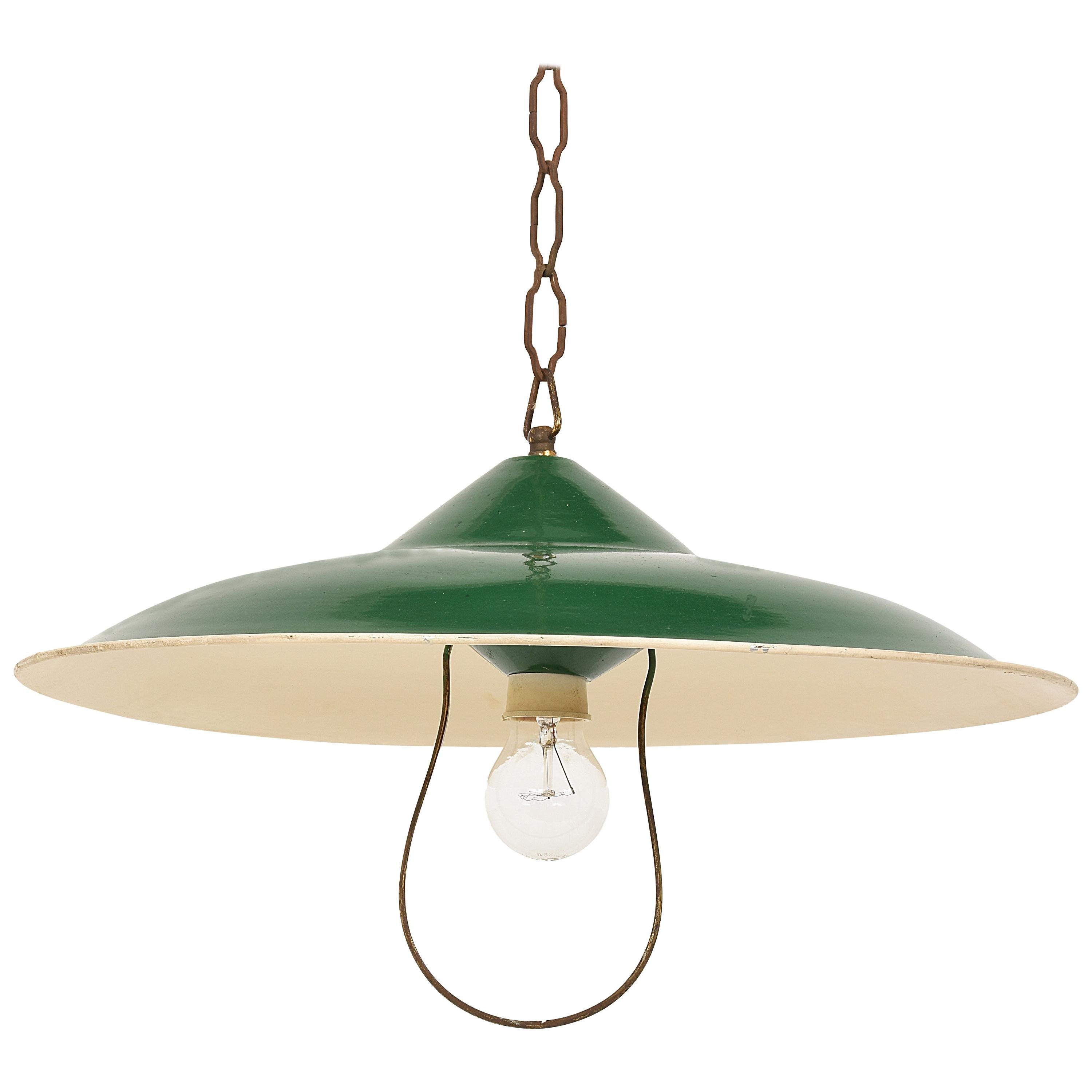 Chandelier in Green Glazed Metal Pendant Italy, Industrial Style of the 1950s For Sale