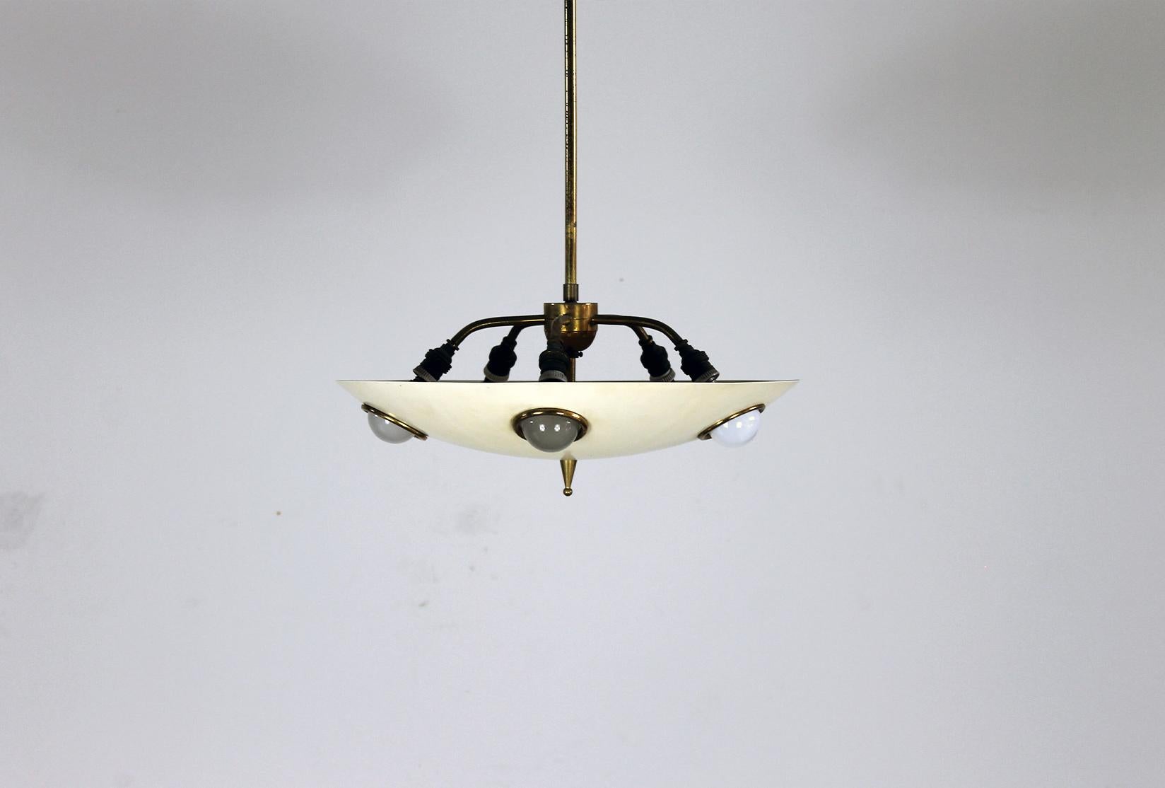 Italian Chandelier in Lacquered Aluminum and Brass by Lumen Milano 1950s  For Sale