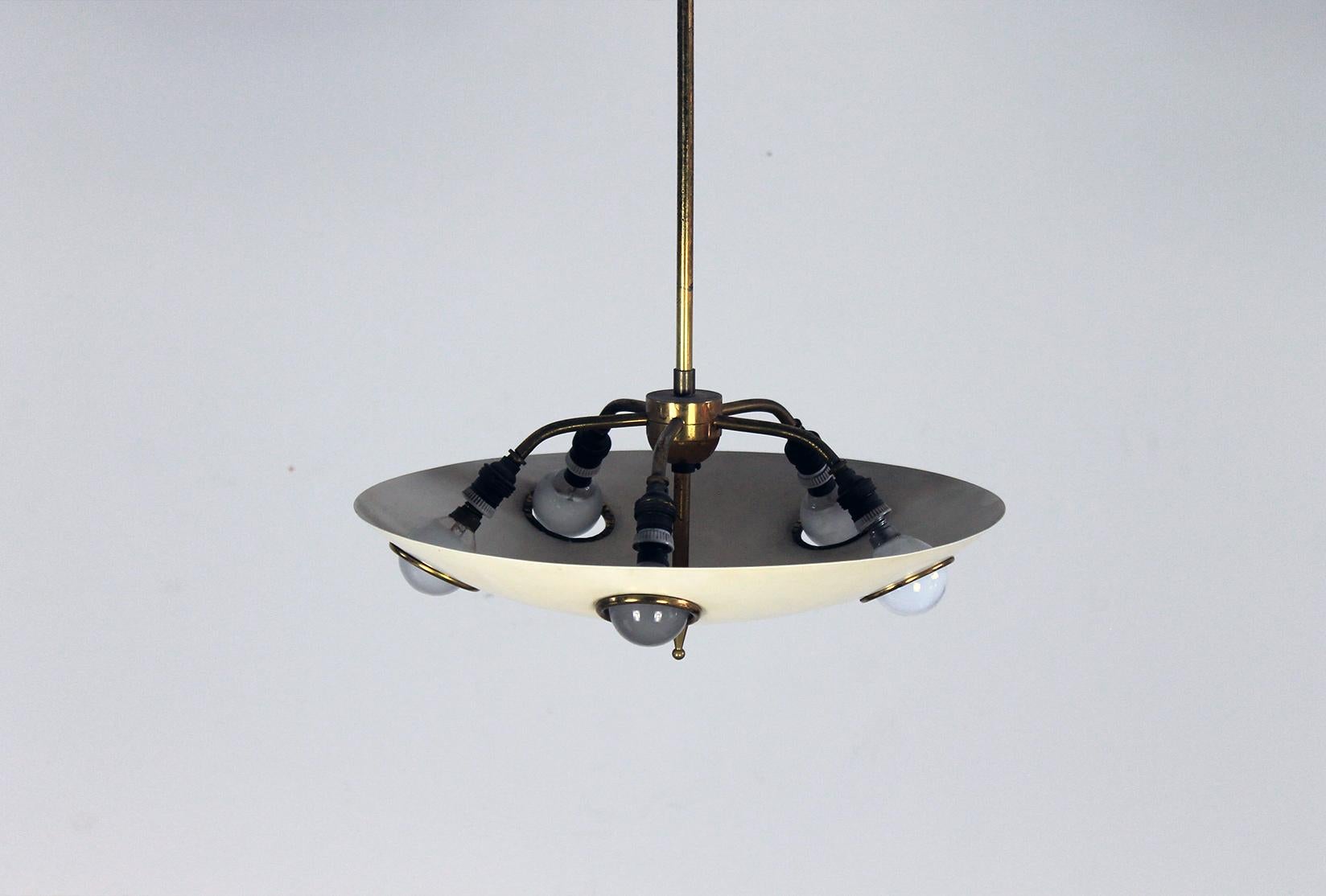 Chandelier in Lacquered Aluminum and Brass by Lumen Milano 1950s  For Sale 1