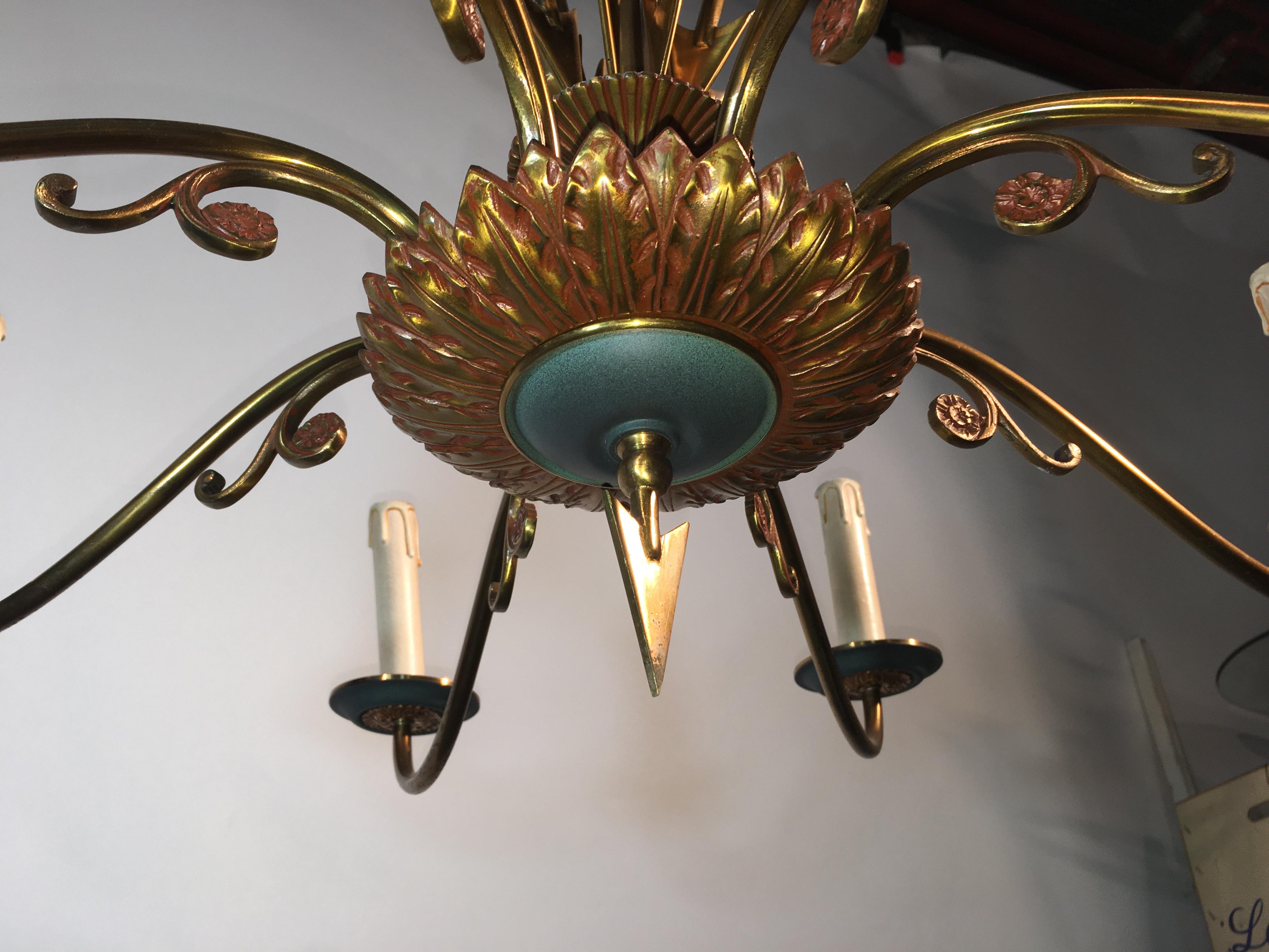 Art Deco Chandelier in Lacquered Metal and Brass, circa 1950 For Sale