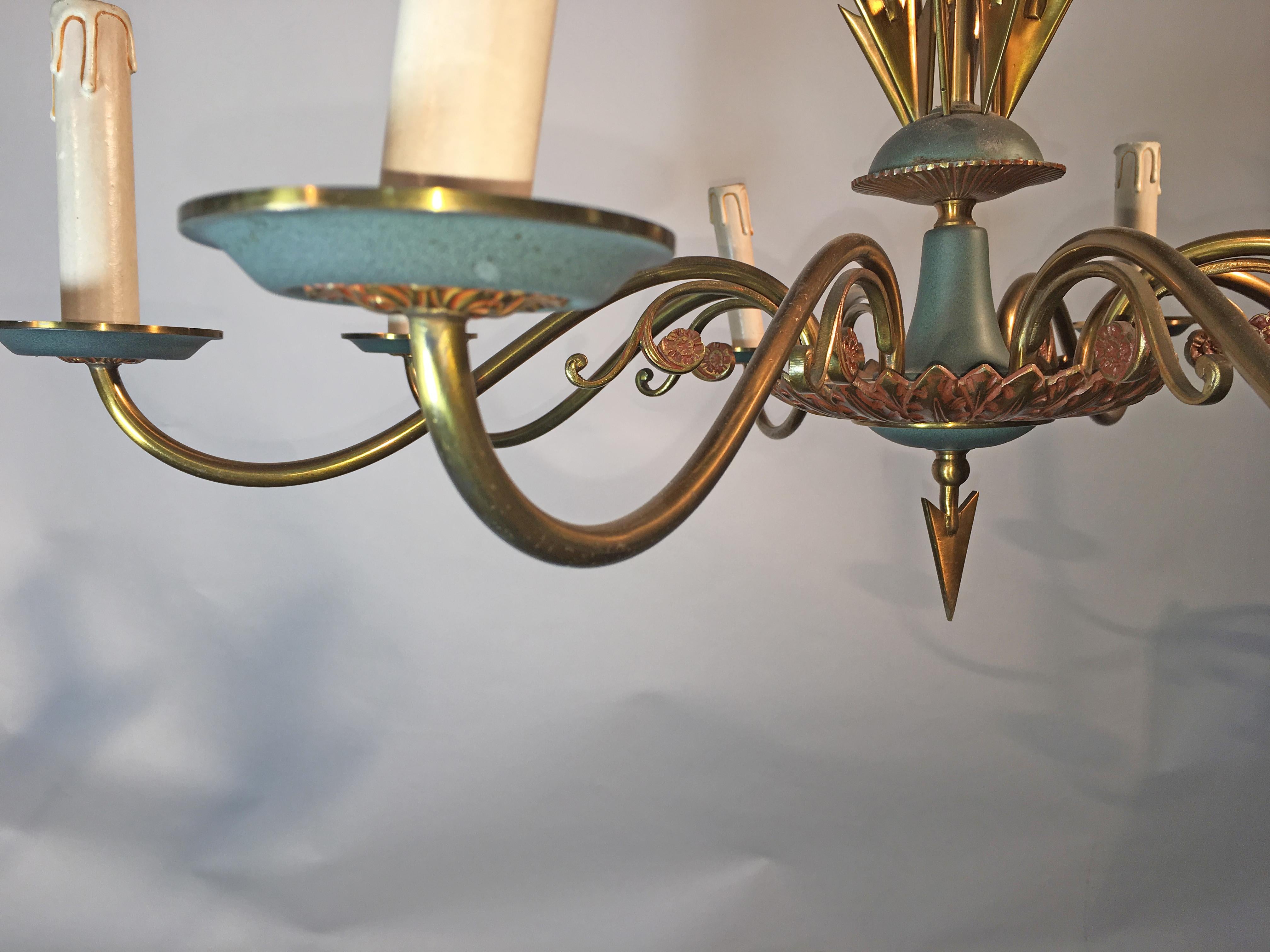 Chandelier in Lacquered Metal and Brass, circa 1950 In Good Condition For Sale In Saint-Ouen, FR