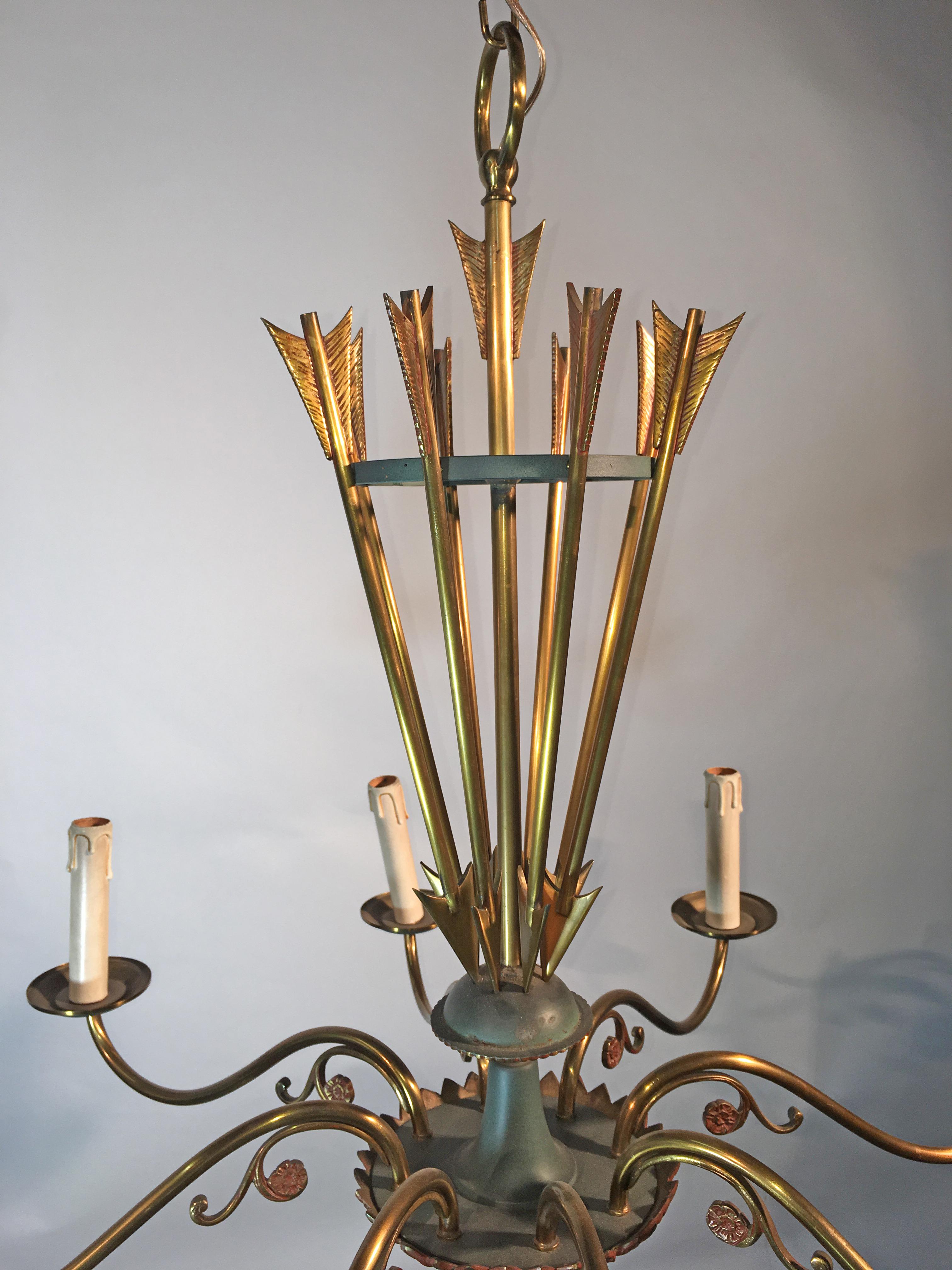 Chandelier in Lacquered Metal and Brass, circa 1950 For Sale 1