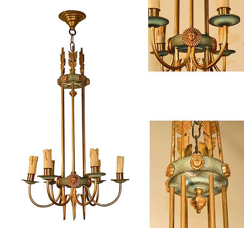 French Chandelier in Lacquered Metal, Bronze and Brass, circa 1950 For Sale