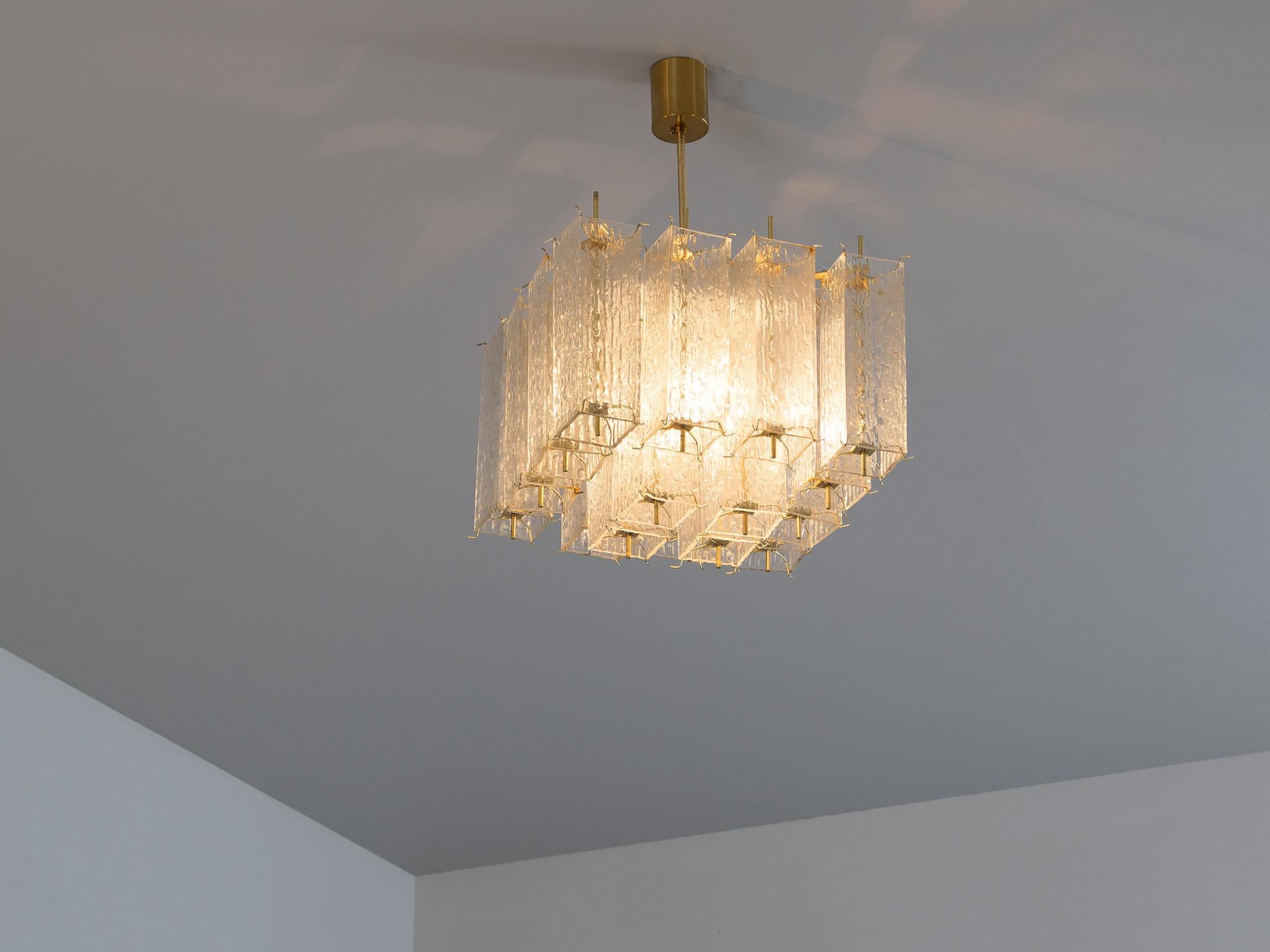 Mid-Century Modern Chandelier in Layered Brass and Structured Glass