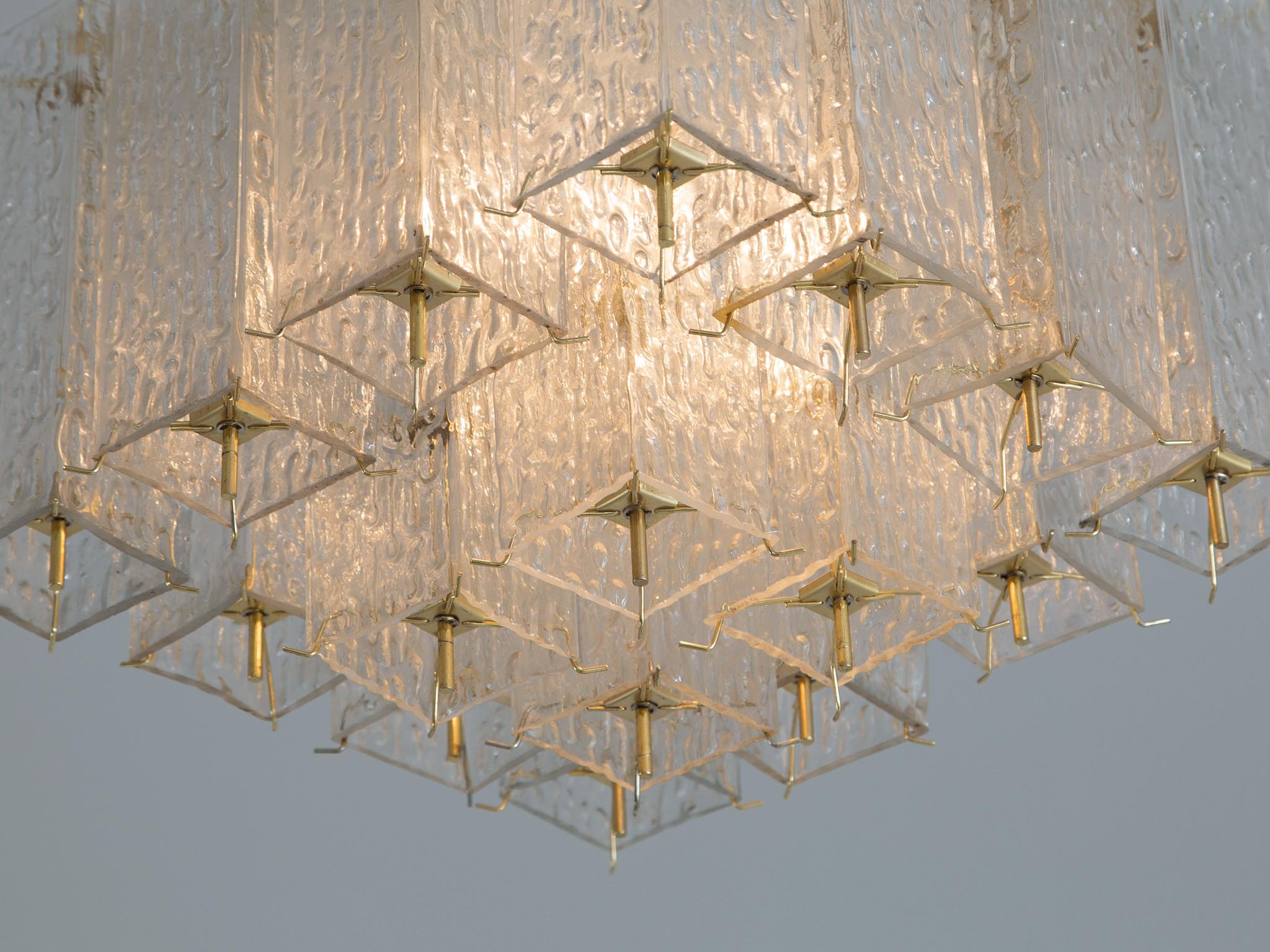 Frosted Chandelier in Layered Brass and Structured Glass