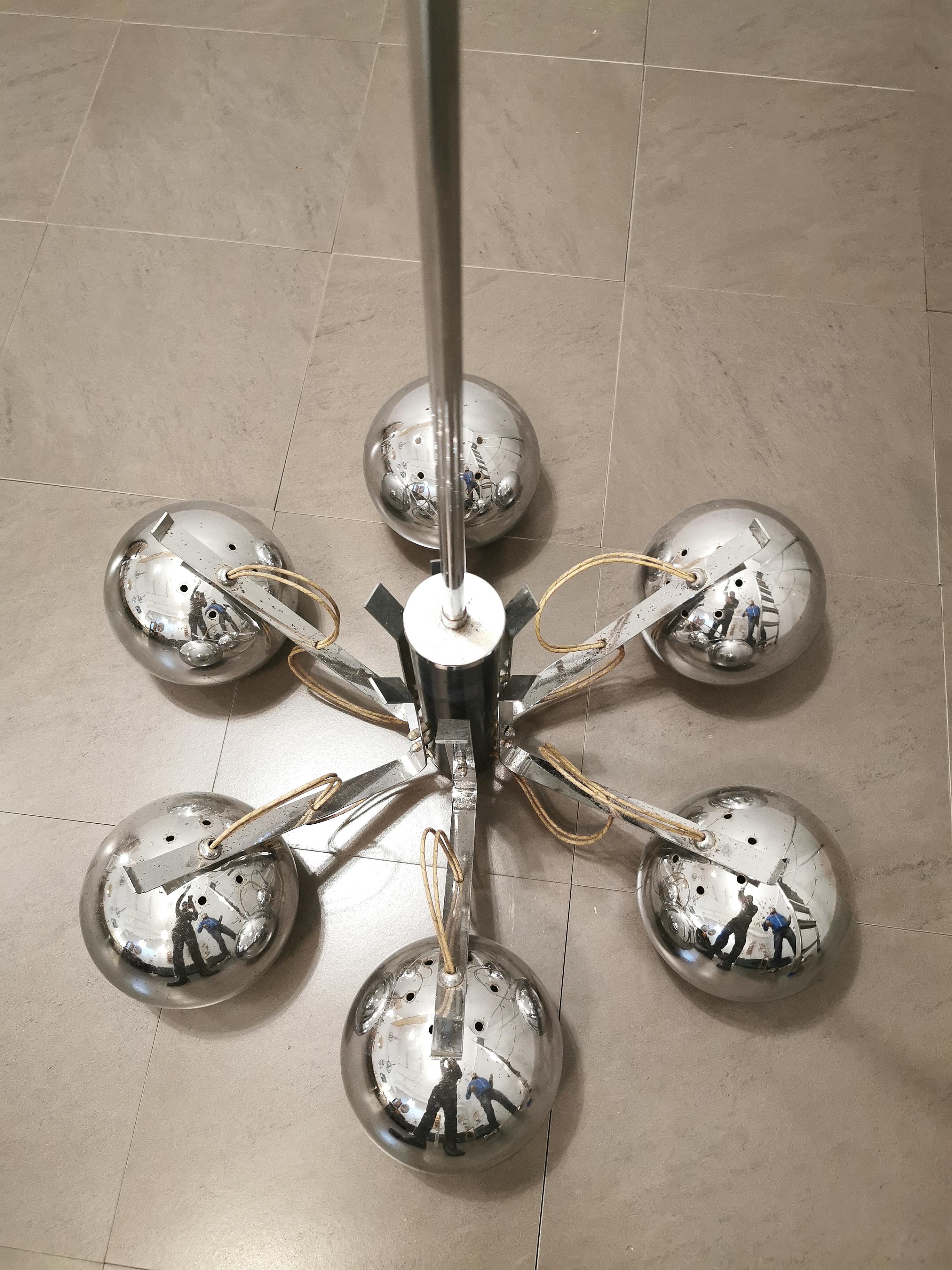 Mid Century Chandelier Pendant Round Chromed Metal Lighting Italian Design 1970 6