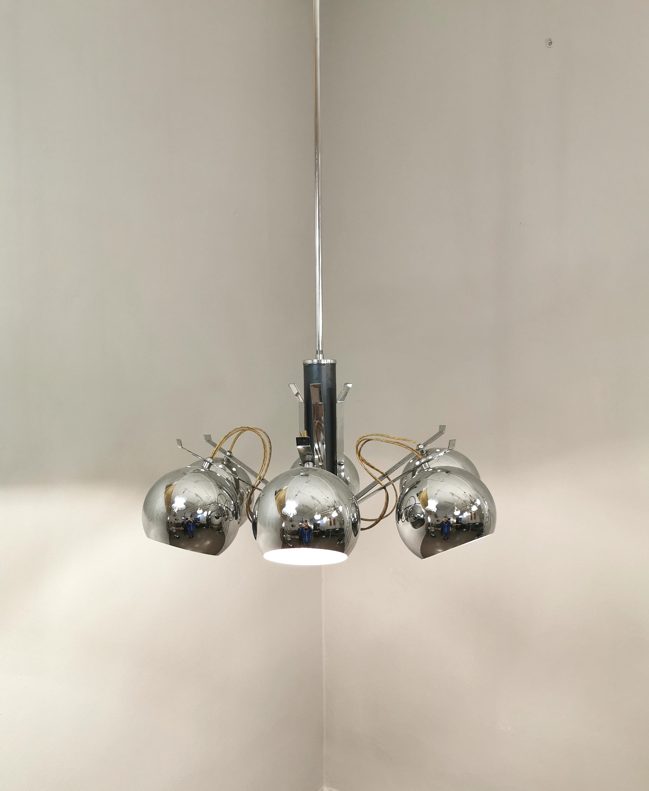 Mid-Century Modern  Mid Century Chandelier Pendant Round Chromed Metal Lighting Italian Design 1970
