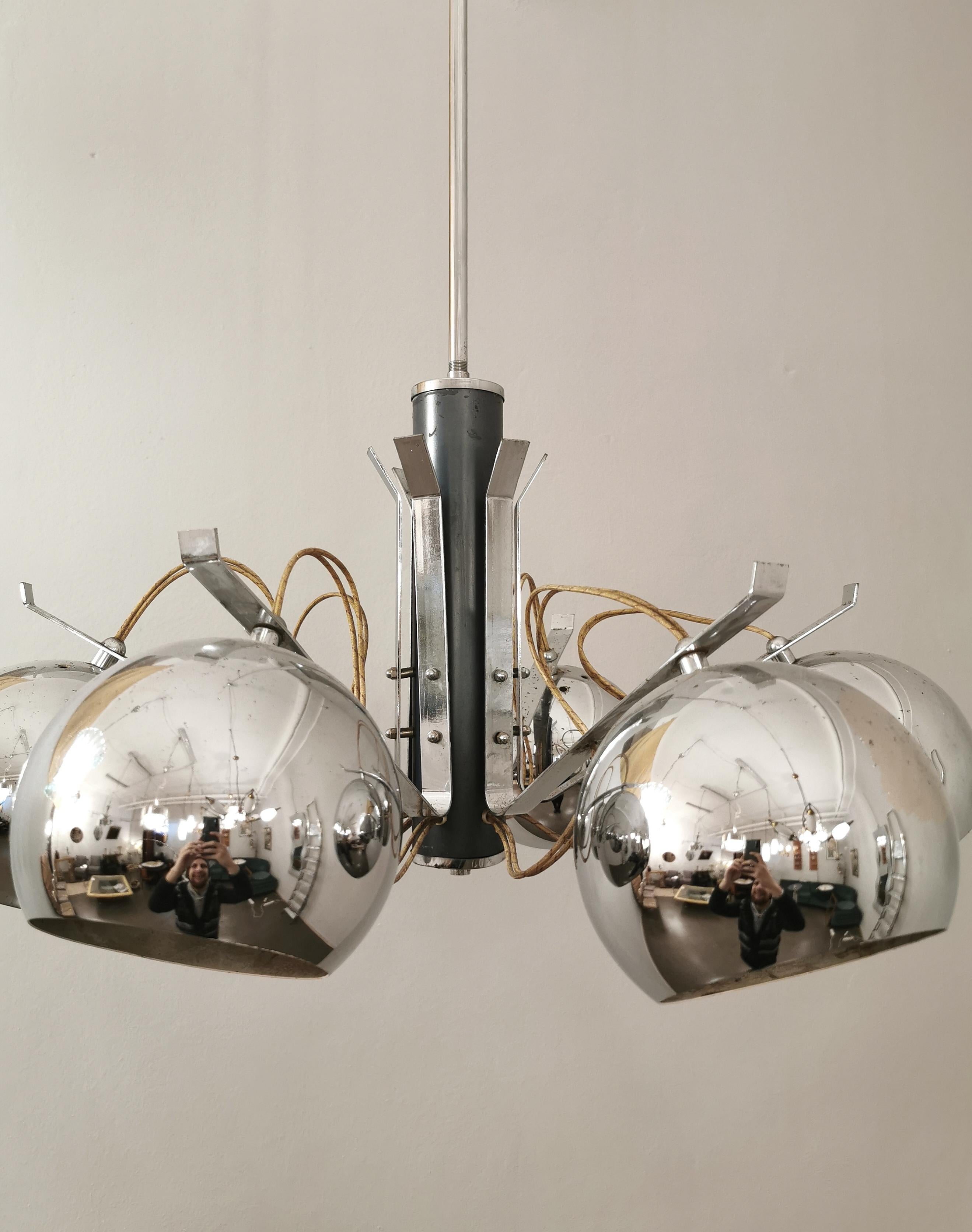  Mid Century Chandelier Pendant Round Chromed Metal Lighting Italian Design 1970 1