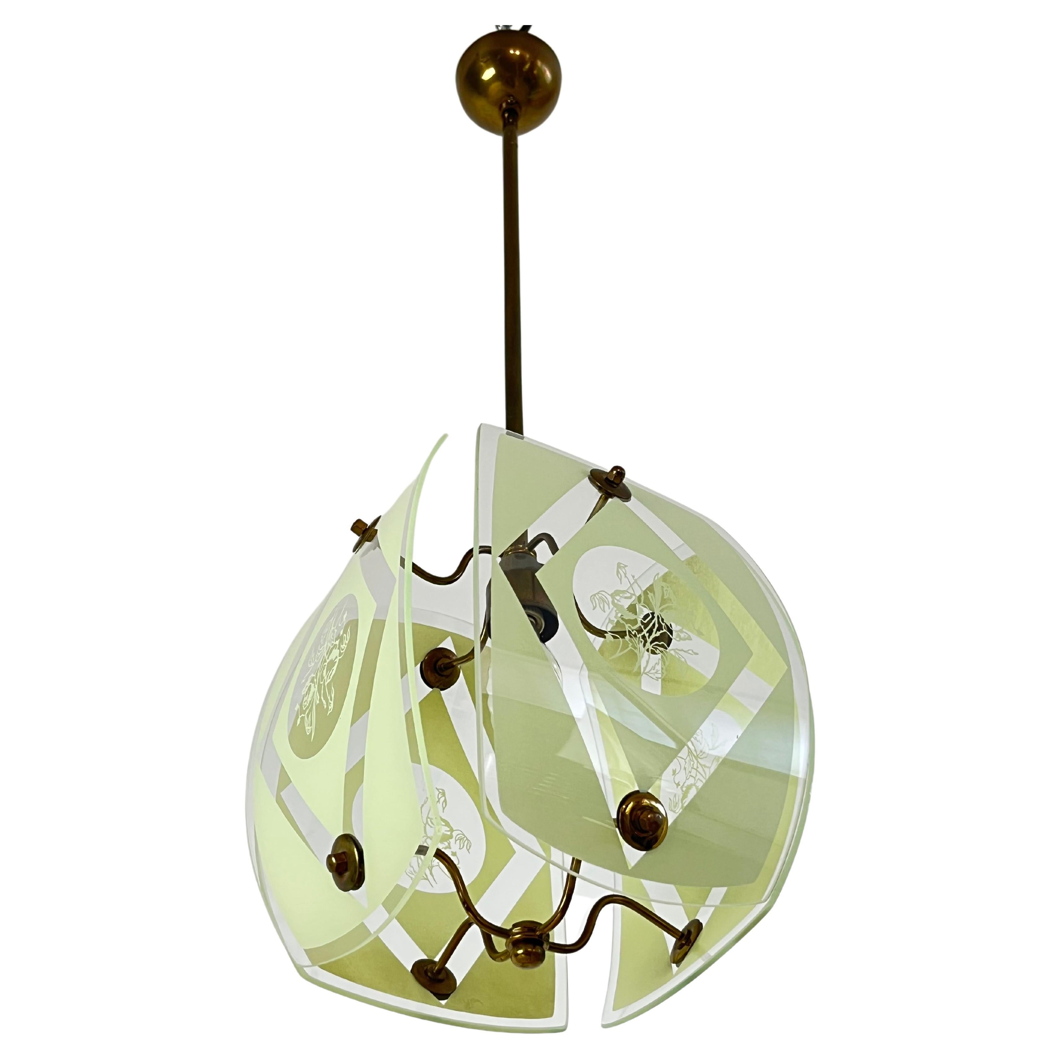 Chandelier in Murano Glass and Brass, in the style of Pietro Chiesa, 1950s For Sale
