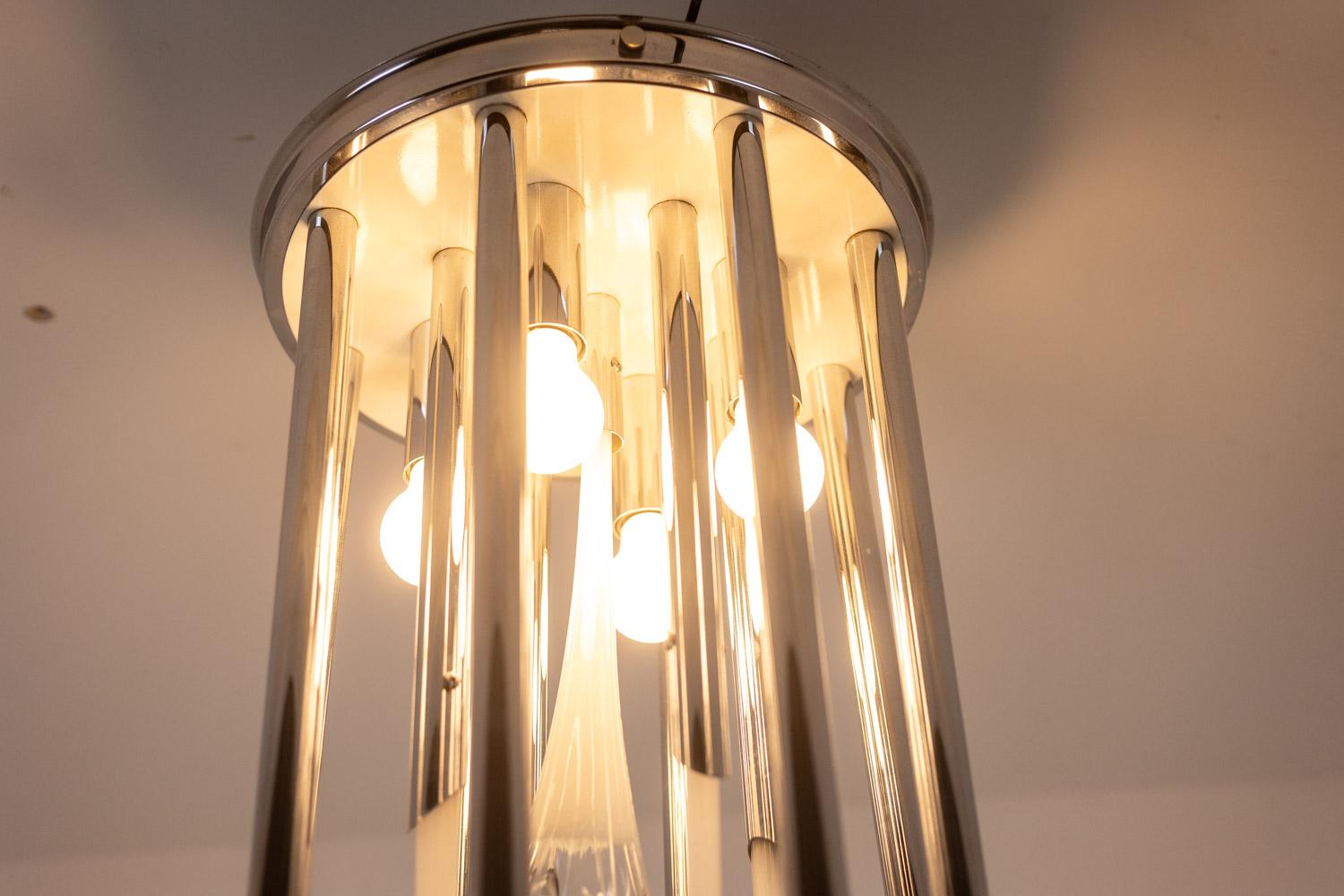 Lampadario in vetro di Murano e metallo cromato. 1970s. in vendita 5