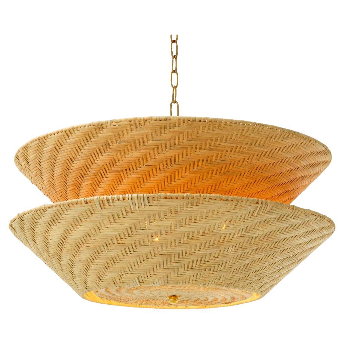 Chandelier in Natural Rattan and Vintage Brass Finish For Sale