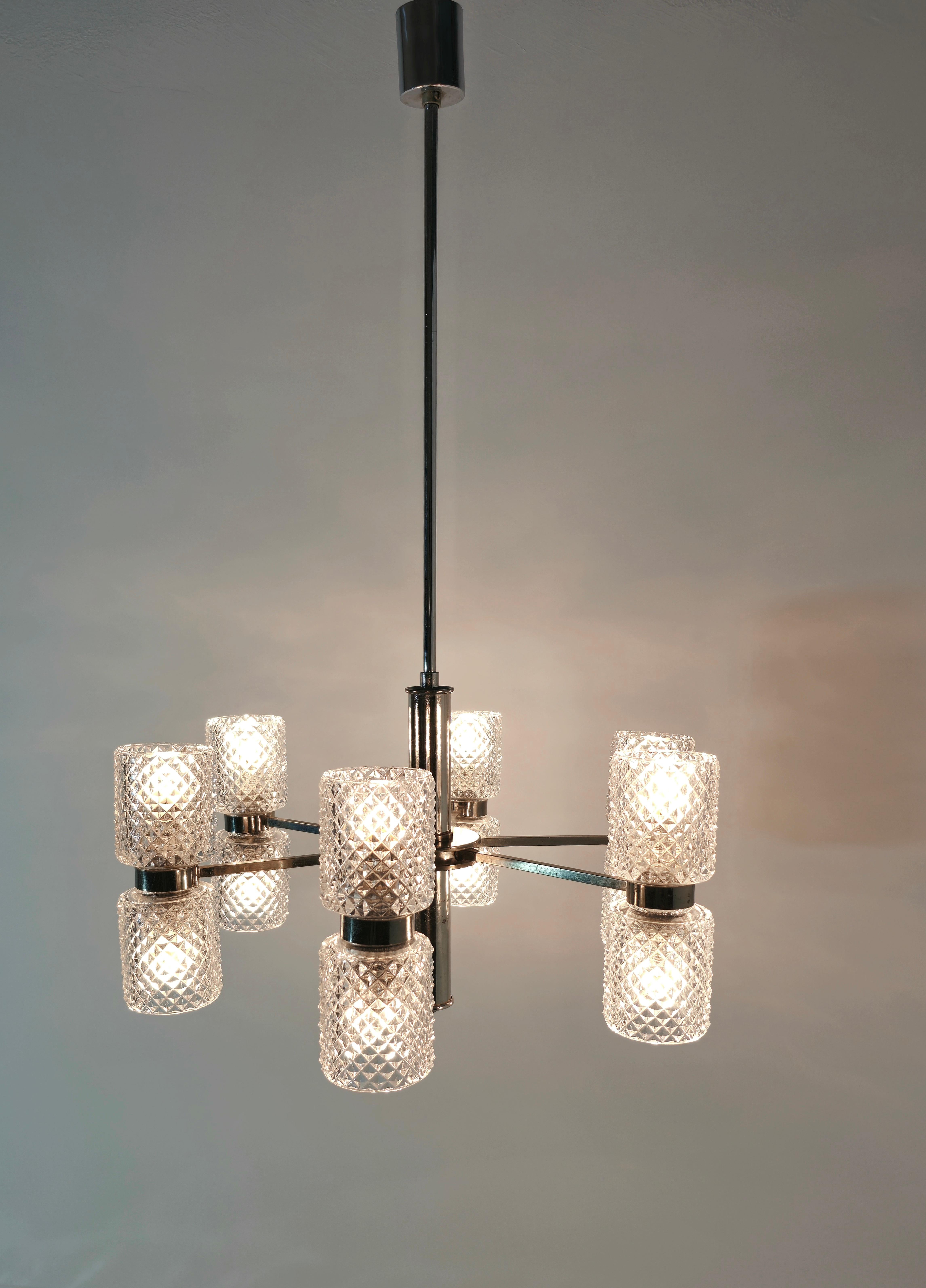 Chandelier in Nickel-Plated Brass and Crystal Glass by Fagerlund Mid-Century 60s For Sale 5