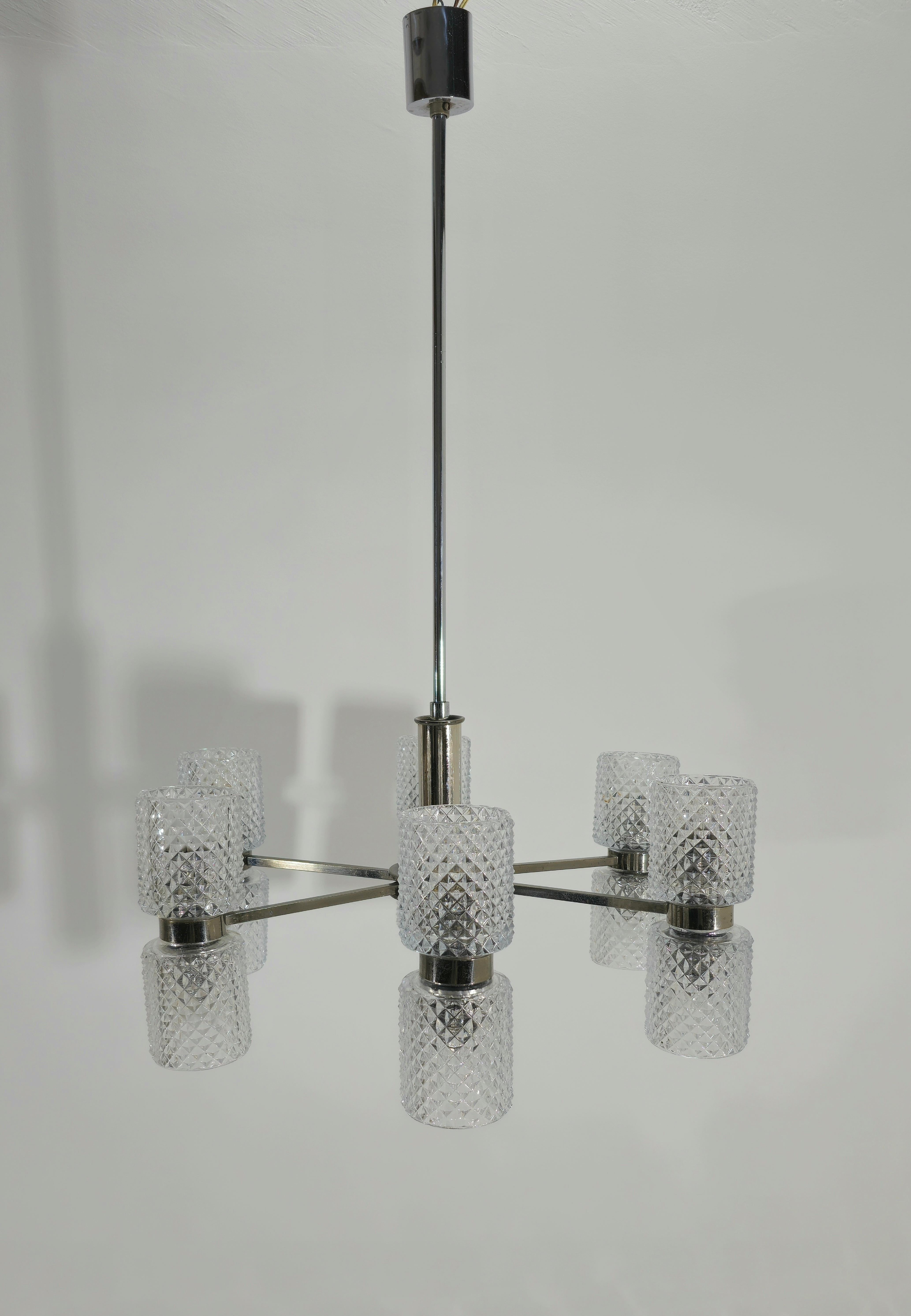Chandelier in Nickel-Plated Brass and Crystal Glass by Fagerlund Mid-Century 60s For Sale 6