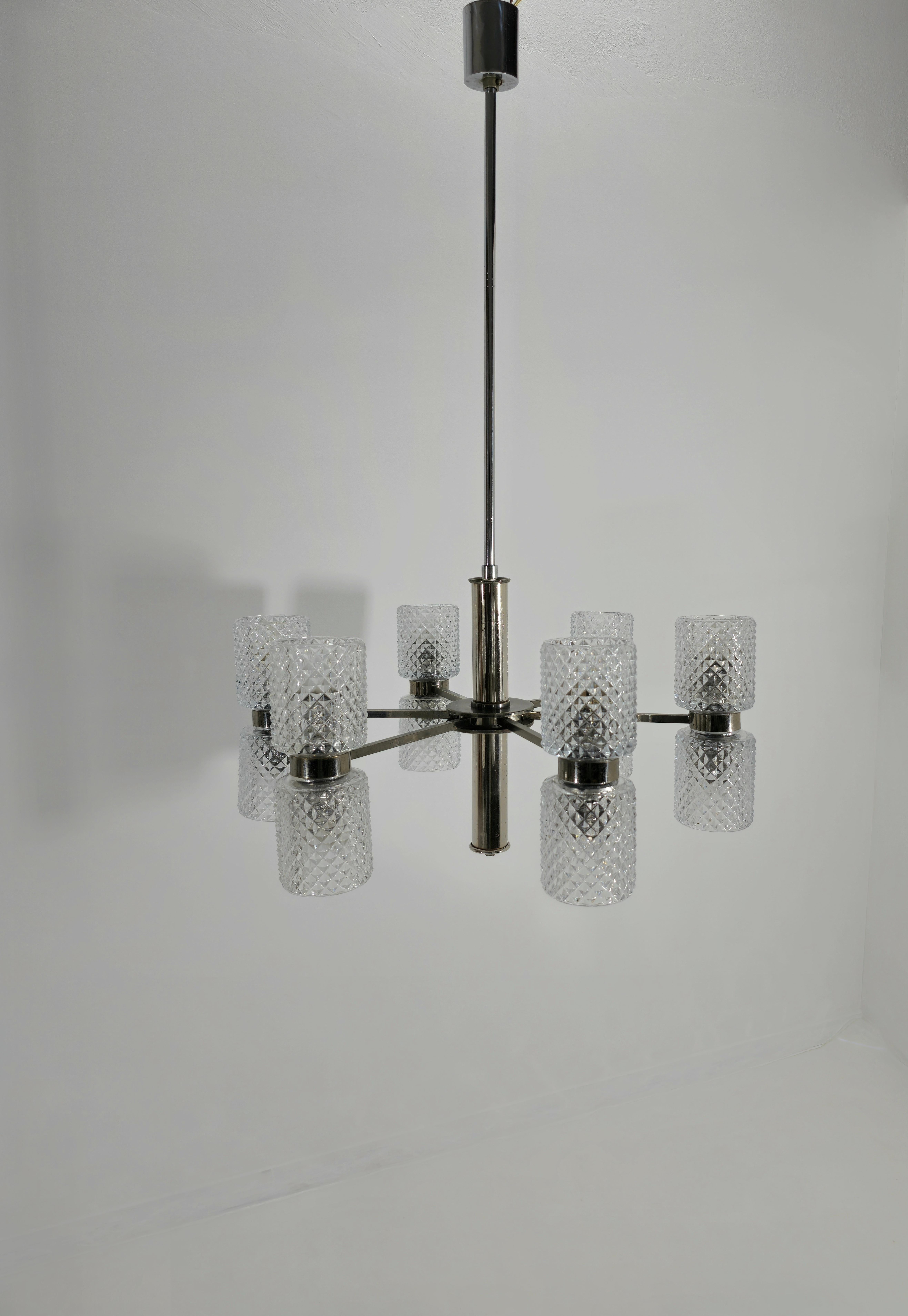 Chandelier in Nickel-Plated Brass and Crystal Glass by Fagerlund Mid-Century 60s For Sale 7