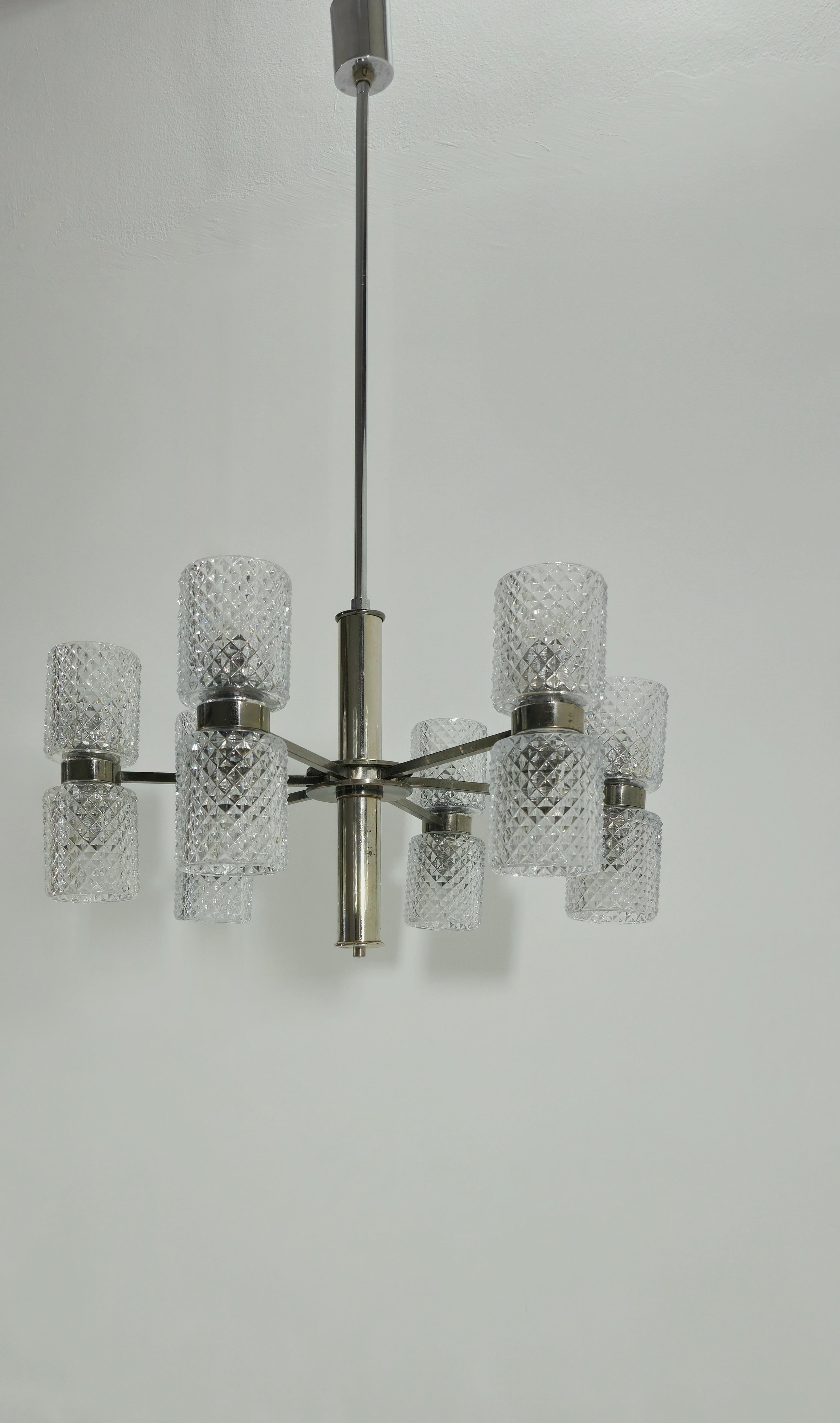 Swedish Chandelier in Nickel-Plated Brass and Crystal Glass by Fagerlund Mid-Century 60s For Sale